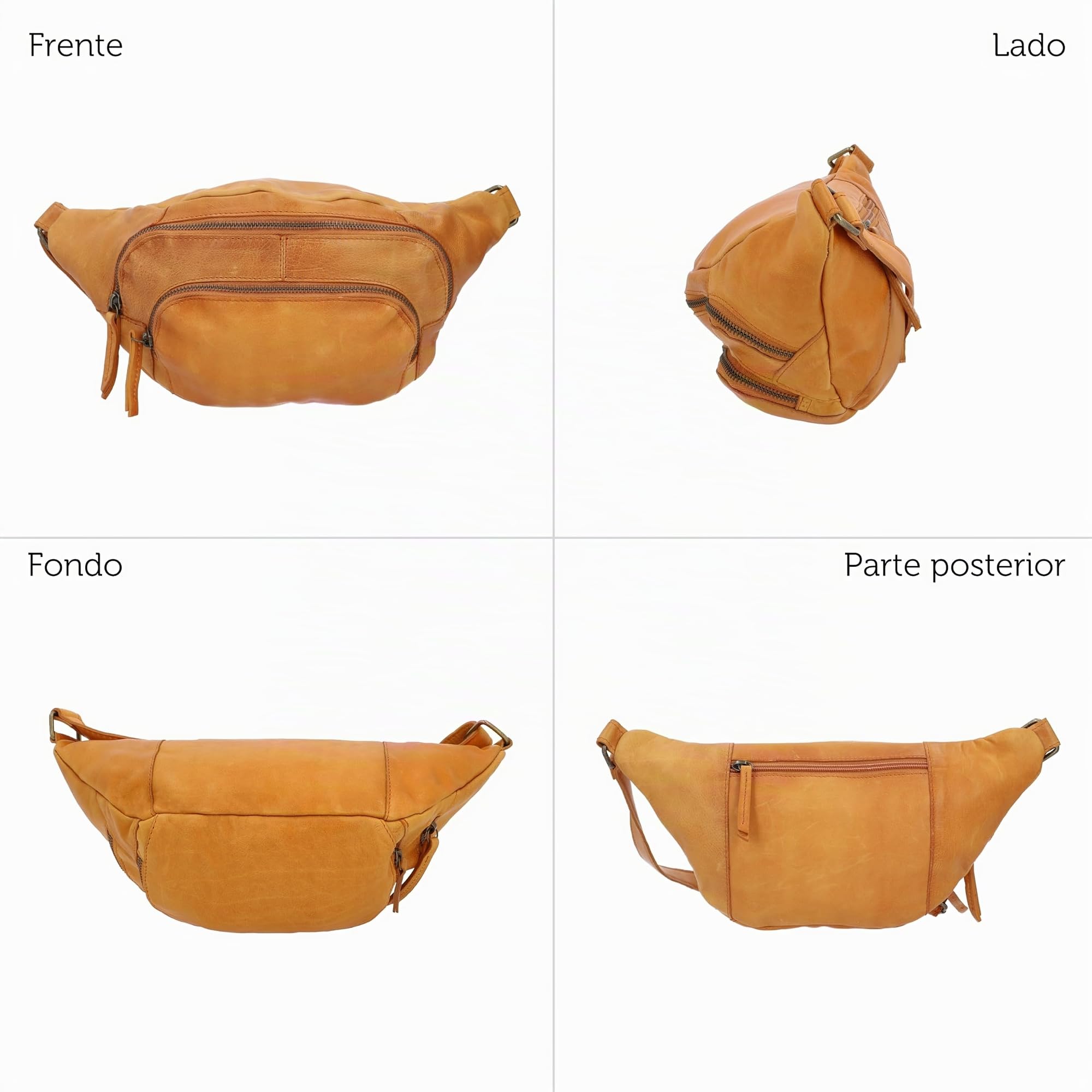 Gusti Sverre - Riñonera de piel, estilo vintage, para hombre y mujer, práctica riñonera con 3 compartimentos y cremalleras, coñac, Einheitsgröße, Retro