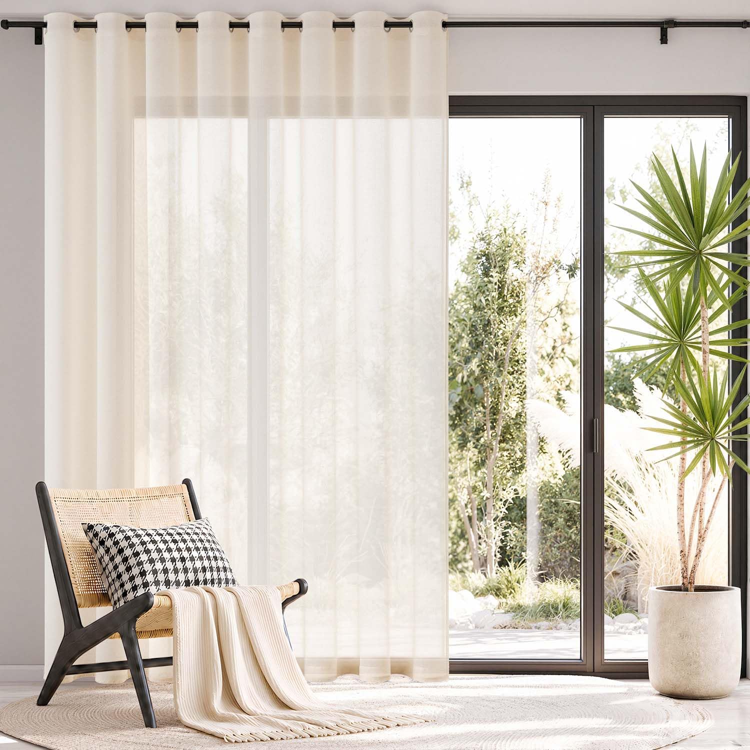TOPICK Linen Look Net Curtains, 1 PCS Sheer Voile, W120 xL84, Light Beige