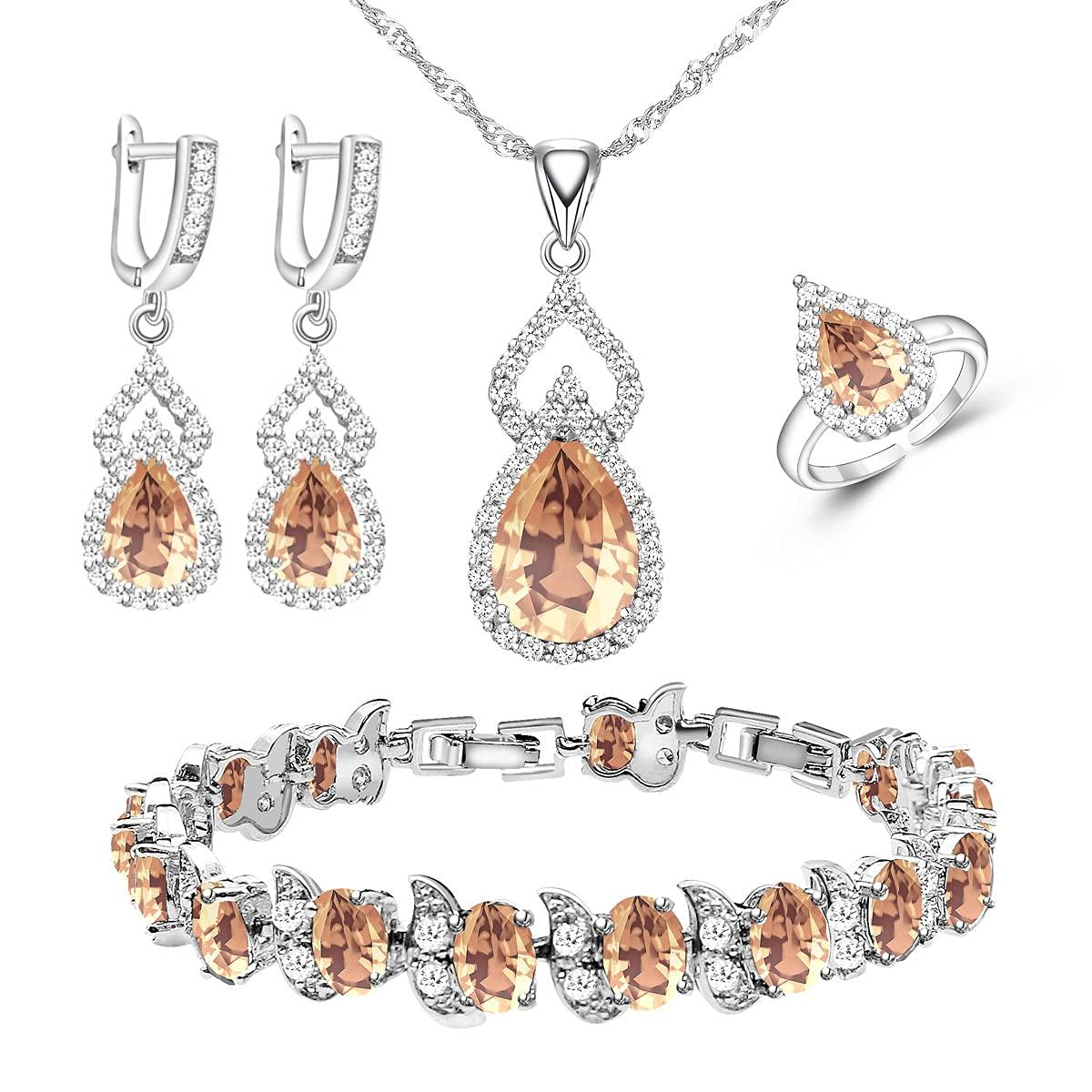 LMXXVJ Women Jewelry Set Platinum Plated Necklace Open Ring Earrings Bracelet Set,Birthday/Anniversary Mother’s Day Jewelry Gifts for Mom/Wife/Sister/Best Friend