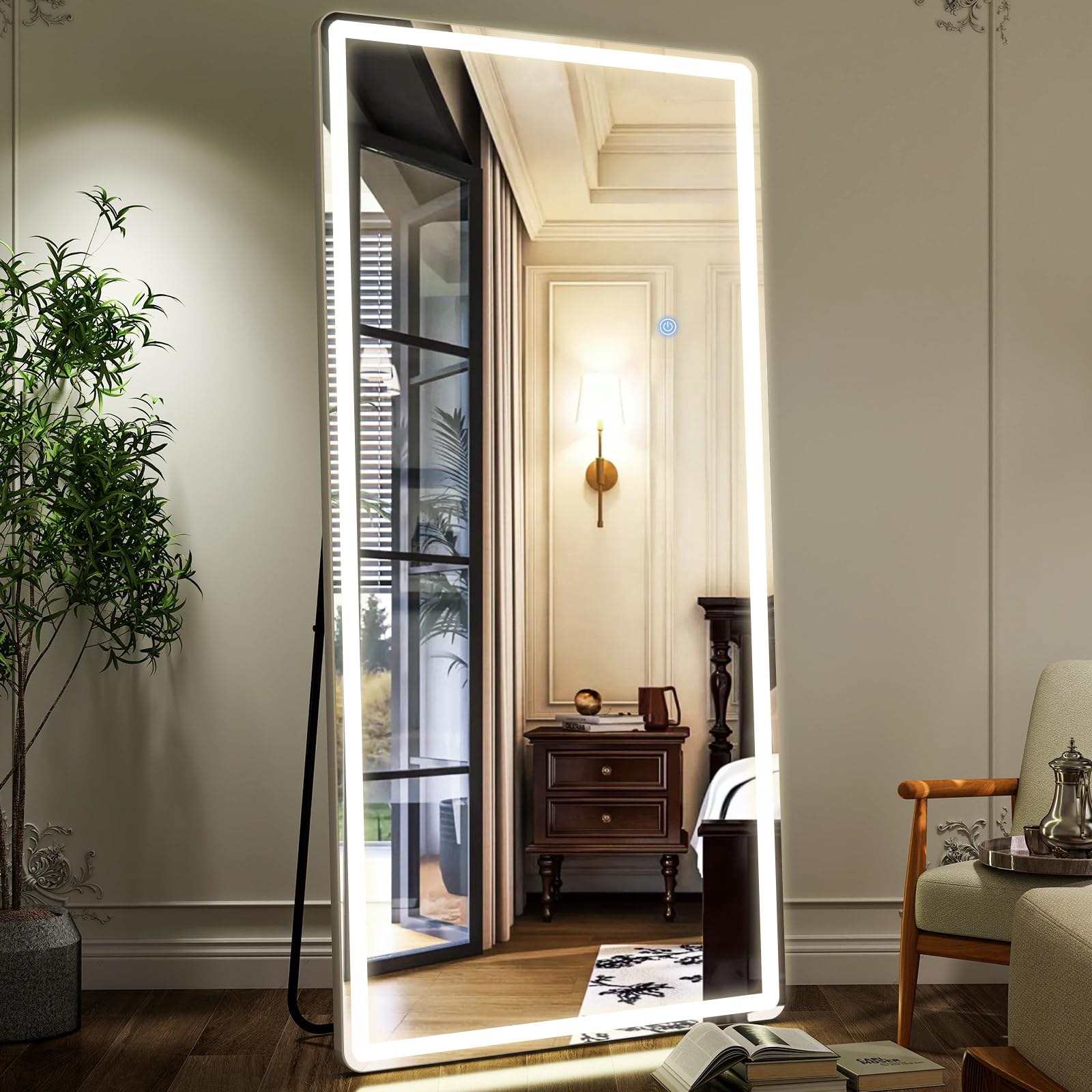 GLSLAND 20"x56" Arched LED Full Length Mirror with Lights – Wall Mounted or Standing Full Body Mirror for Bedroom/Cloakroom – Dimmable with 3 Color Lighting Modes