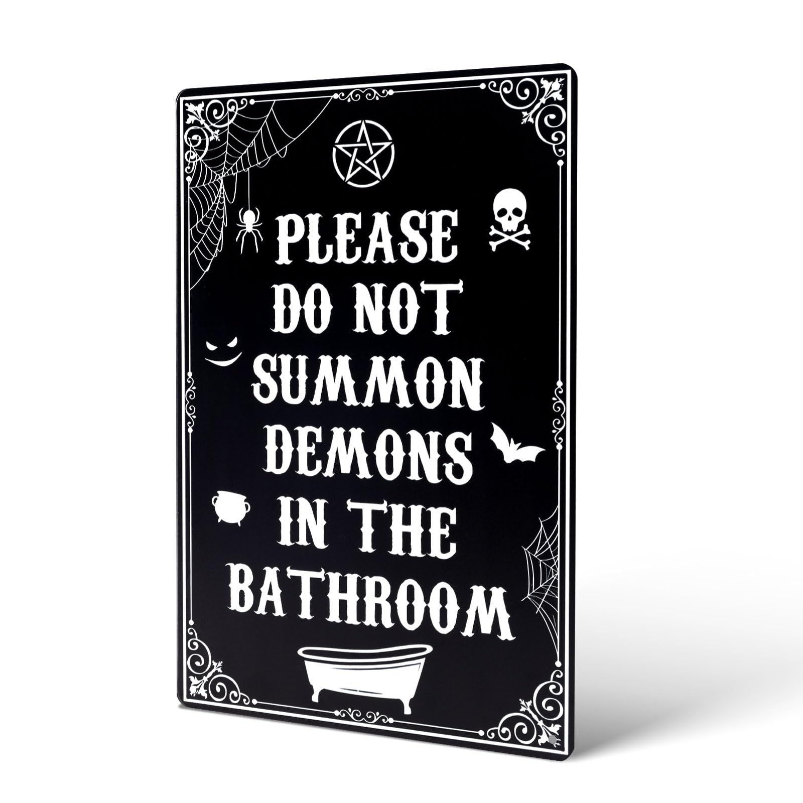 Please Do Not Summon Demons In The Bathroom, Spooky Goth Metal Sign Gothic Decoration Funny Witchy Decor Wall Plaque Metal Tin Accessories for Home Halloween Humor Party (Bathtub Style)