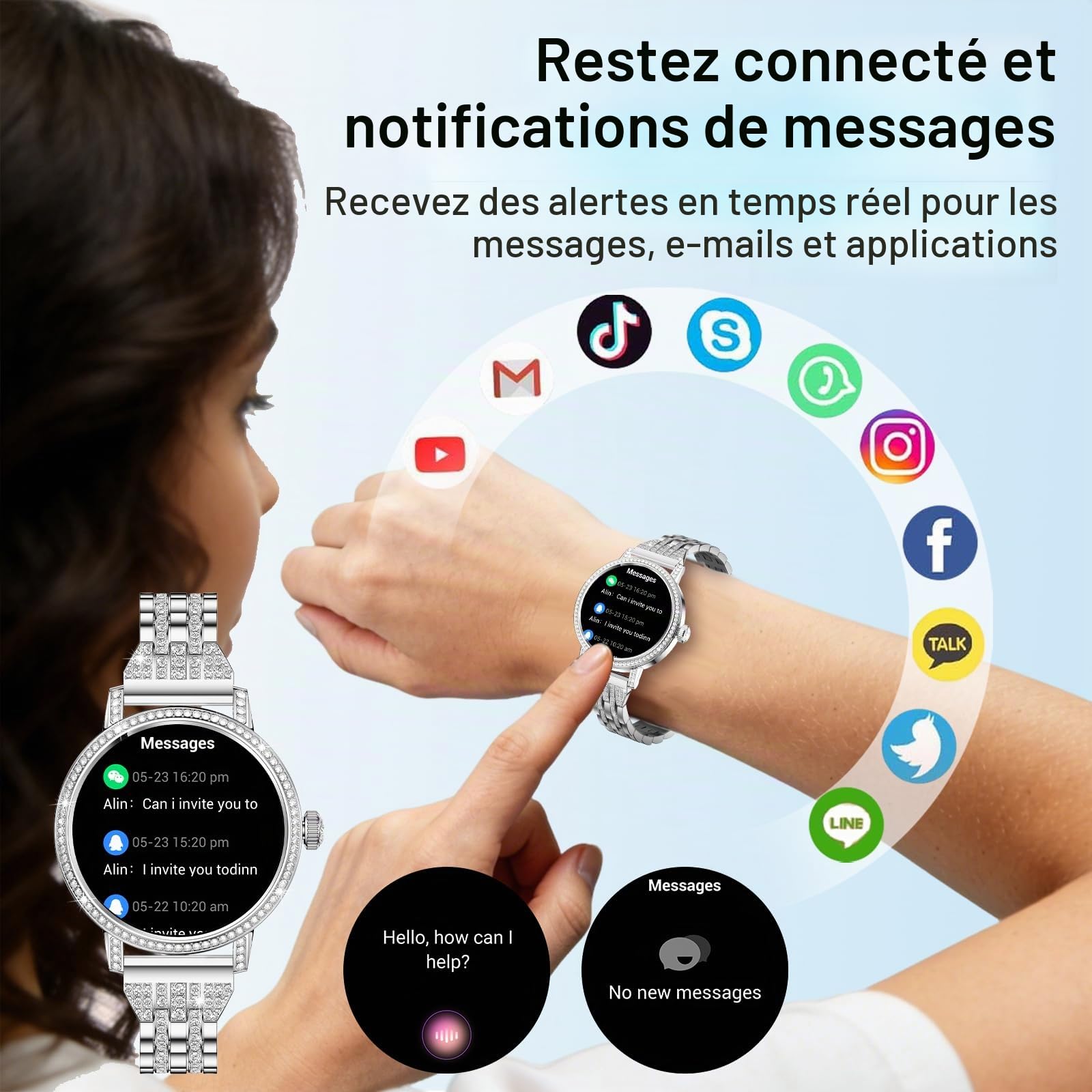 Montre Connectée Femme avec Diamant,3 Bracelets,1,27" HD appels Bluetooth Smartwatch,Fréquence Cardiaqu/Sommeil/SpO2/Féminine/Calories,IP68,120+ Sportif Podomètre Tracker pour Android/iOS,Argent