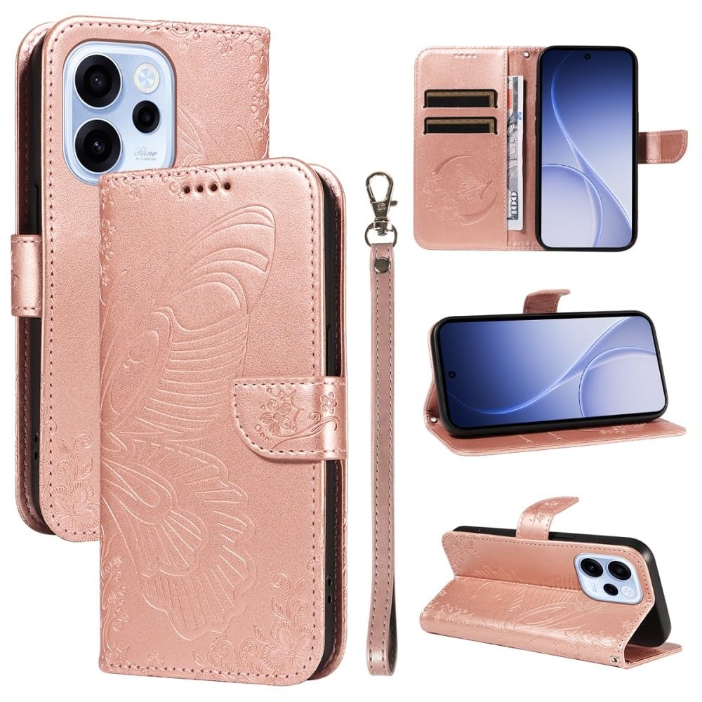 Generic Étui compatible avec Oppo A79 5G (Couleur : or rose) Motif papillon Portefeuille en cuir Étui à rabat