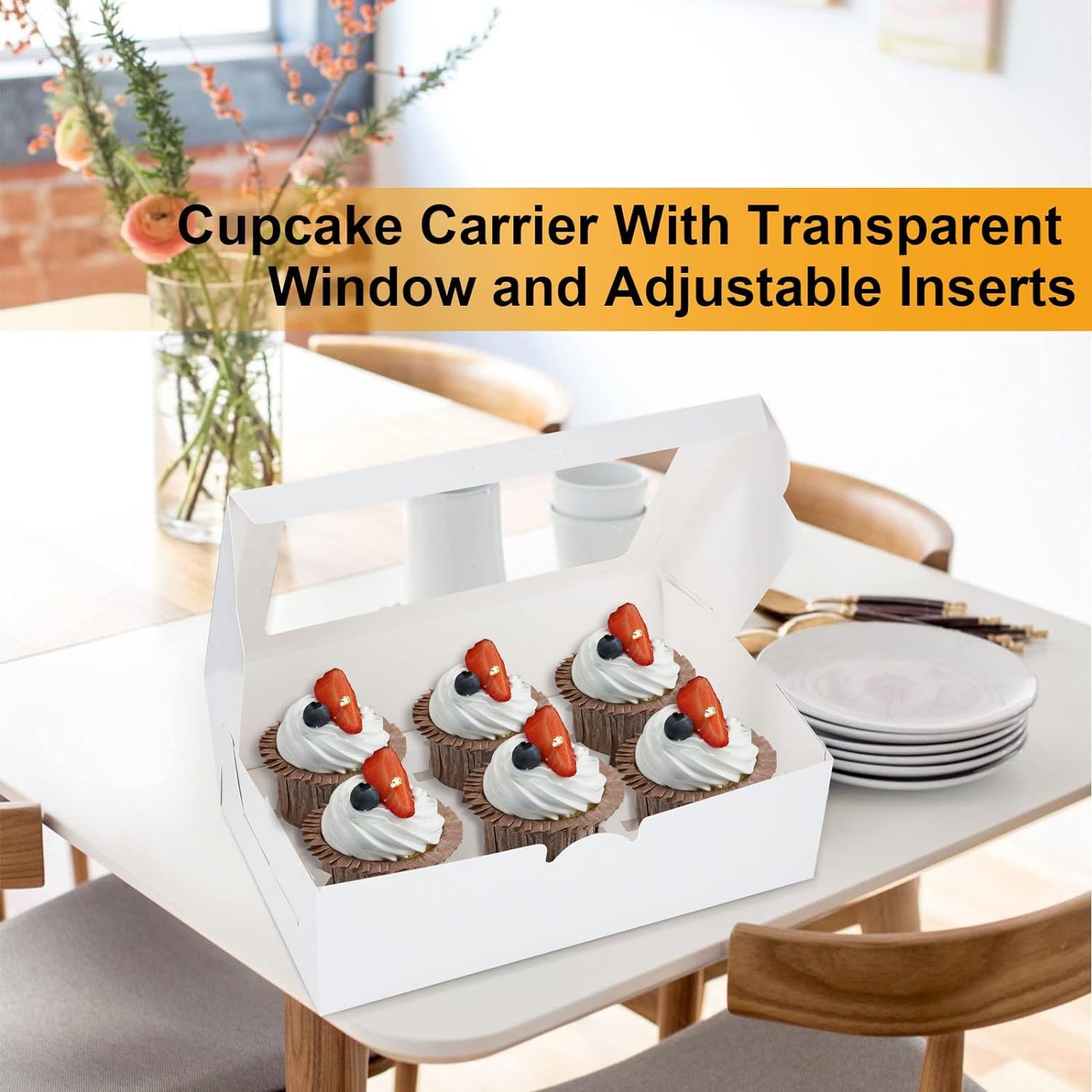 RHBLME Cupcake-Boxen, 6 Stück, mit transparentem Fenster, 23,6 x 15,7 x 7,4 cm, halbes Dutzend Cupcake-Boxen, Einweg, Lebensmittelqualität, Cupcake-Behälter für Cupcakes, Muffins, Kekse, Gebäck, Weiß,