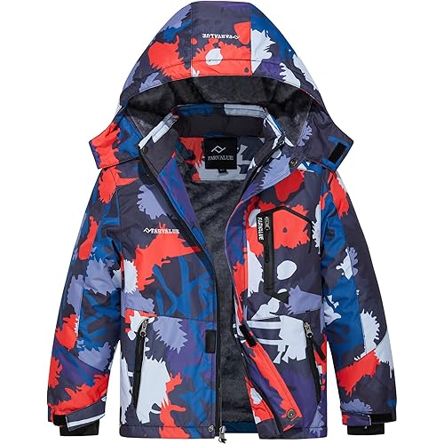 FARVALUE Boys Waterproof Ski Jacket Windproof Winter Coat Warm Snow Coat Outdoor Raincoats Hooded Windbreaker
