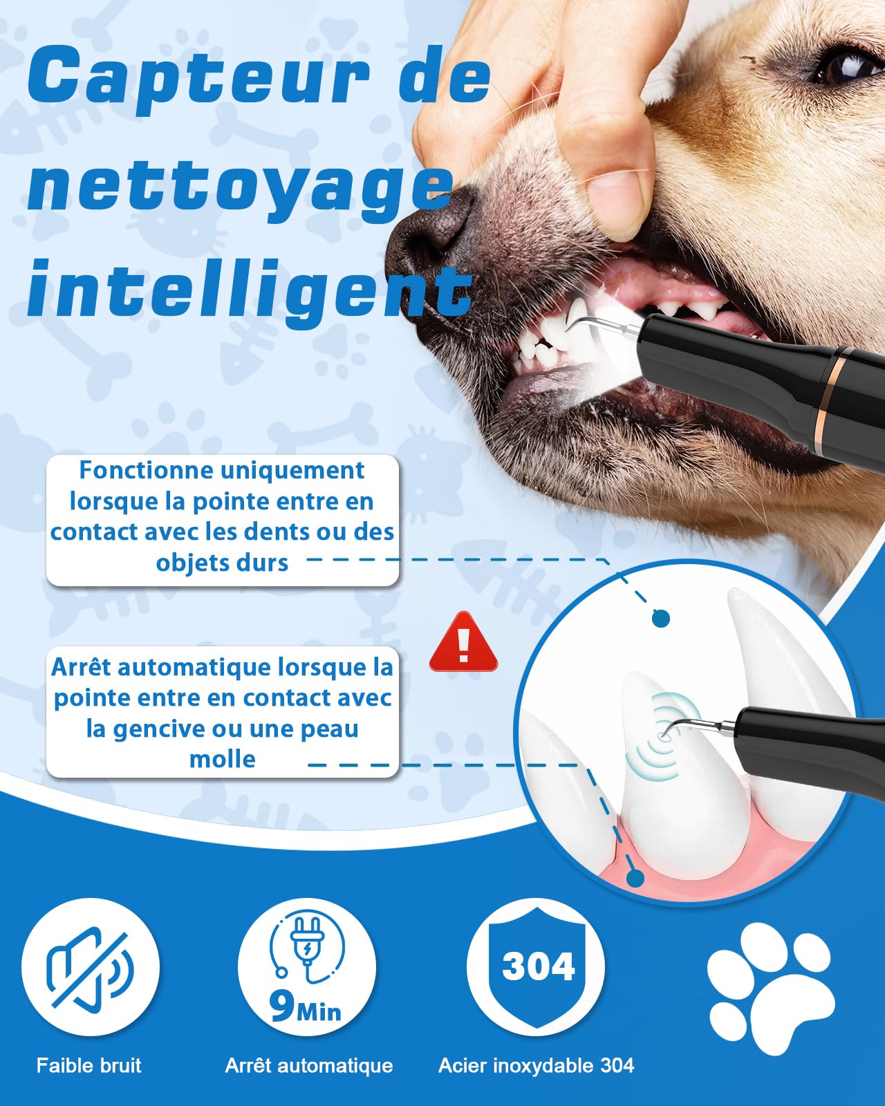 Kit de Nettoyage Tartre Dentaire à Ultrasons pour Chien et Chat, Detartreur Brosses à Ultrasonique Dents Détachant Nettoyeur, 5 Modes de Nettoyage et 4 Têtes de Nettoyage pour Pet Animaux de Compagnie