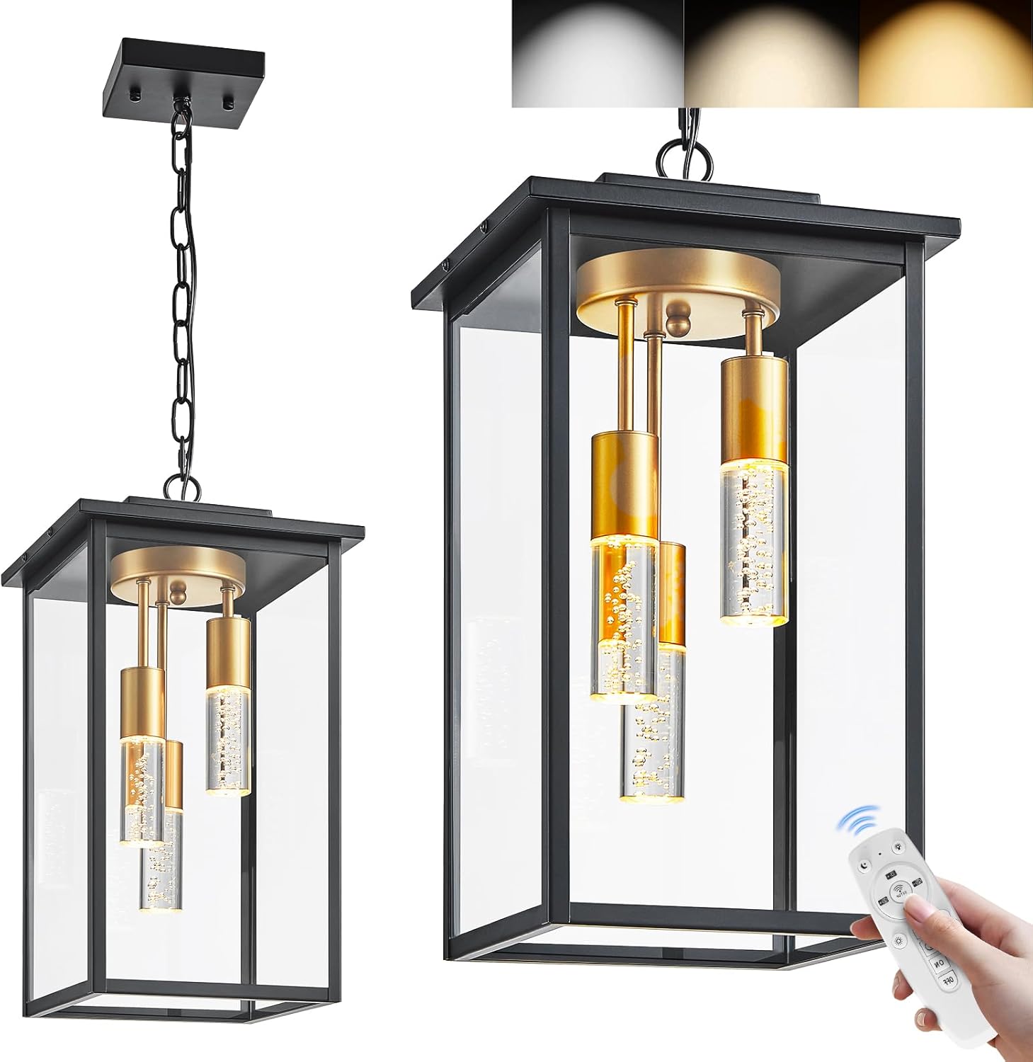 3-Color LED Outdoor Pendant Light with Remote, 3-Light 19" Large Outdoor Chandelier for Porch, Black Exterior Pendant Lighting Fixture Ceiling Mount Pendant Lantern for Patio Front Door
