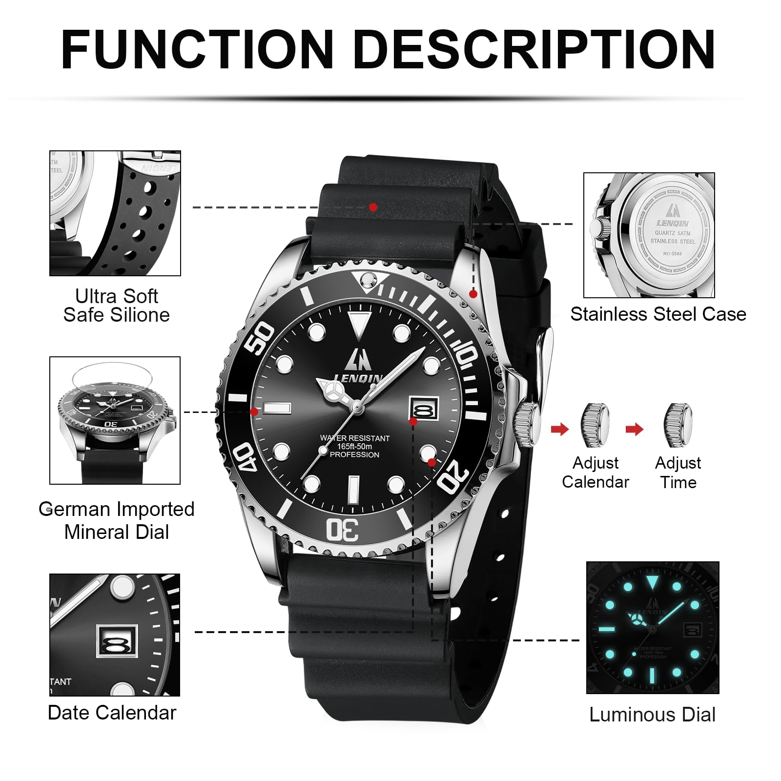 LN LENQIN Mens Watches Stainless Steel Waterproof Analog Quartz Watch for Men with Date Luminous Fashion Wristwatch