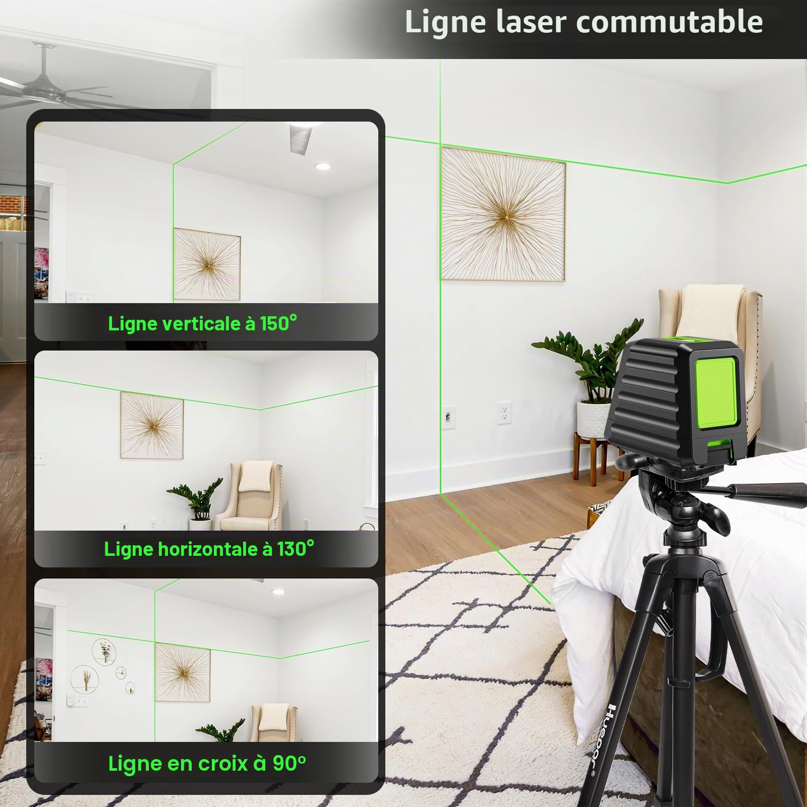 Huepar BOX-1G Niveau Laser Croix Vert, Commutable Ligne Laser Auto-nivellement avec Mode Pulsé Extérieur, H130°/ V150°Angle de couverture, Distance de Travail 25m, Base Magnétique Incluse