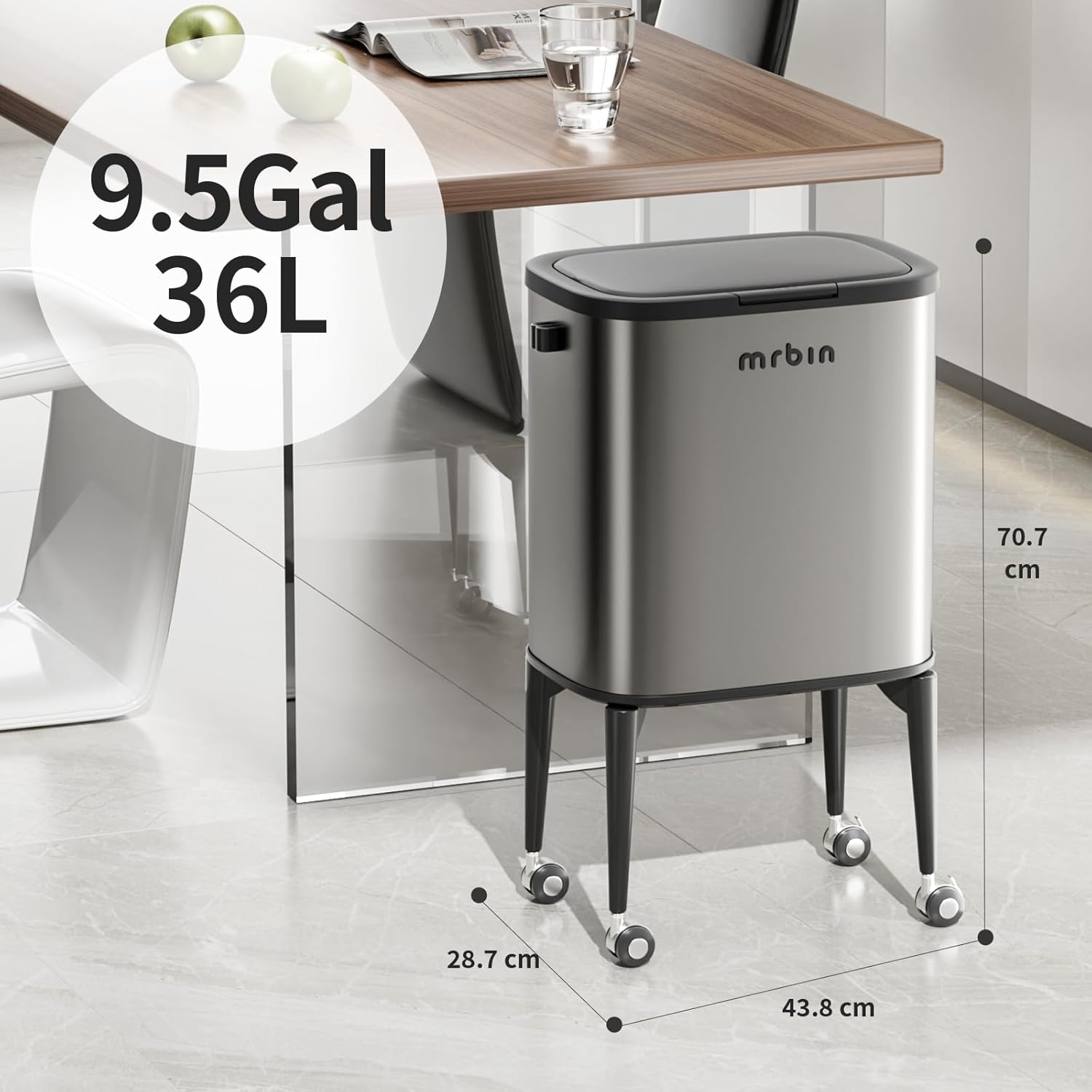 MRBIN Metal Kitchen Trash Can with Wheel Legs, 36L / 9.5gal Medium Press Lid Slim Removable Waste Basket, Pet Proof Tall Narrow Garbage Pail for Vanity, Bedroom, Bathroom, Living Room, Eclipse Grey