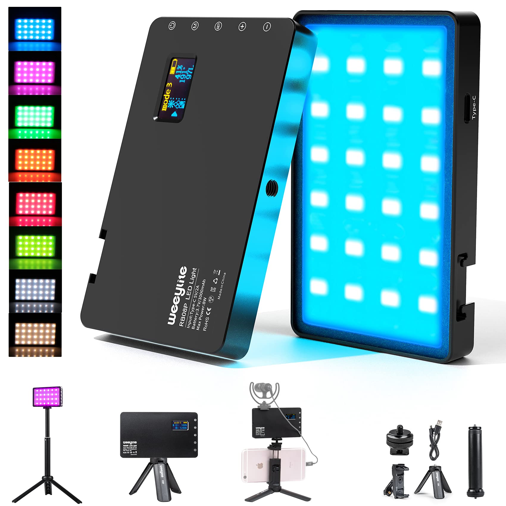 Upgraded RGB LED Video Light, Full Color LED Camera Light with Portable Tripod Phone Holder