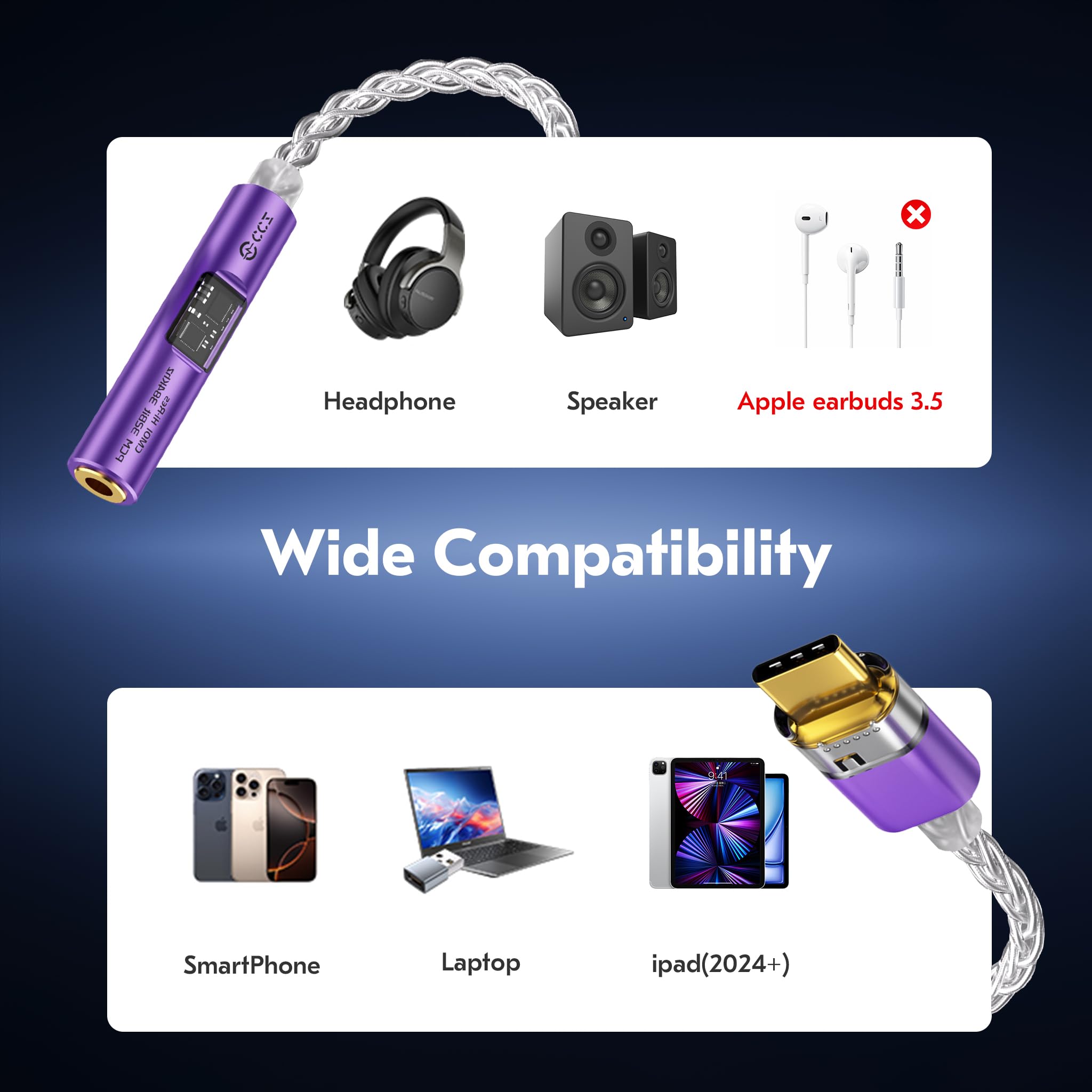 2026 najnowszy adapter audio USB C DAC ze wzmacniaczem słuchawkowym, adapter audio USB C na 3,5 mm do słuchawek przewodowych, DAC typu Hi-Res kompatybilny z iPhone 15, Android, laptopem i tabletem
