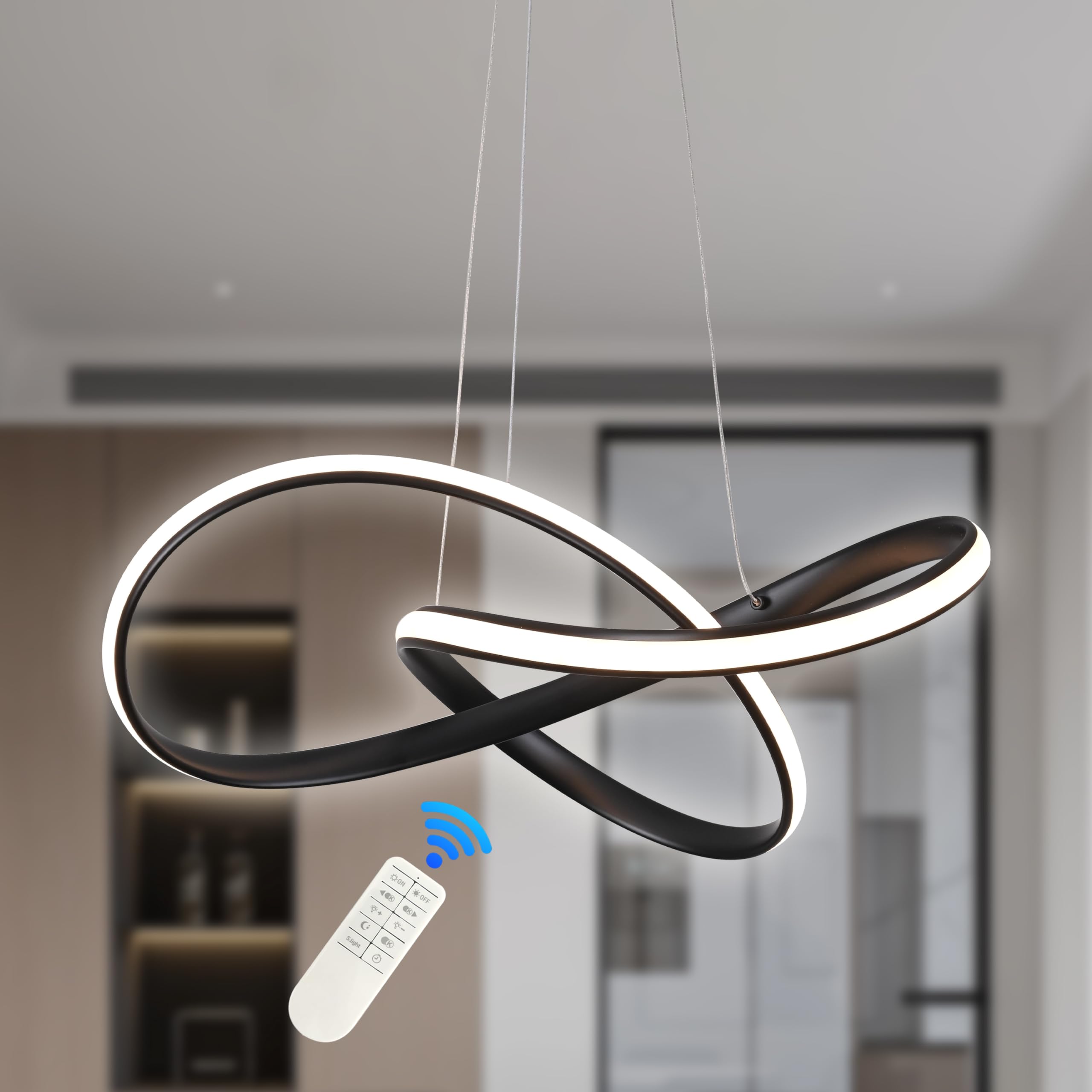 Mccokaige LED Chandelier Modern Pendant Light Contemporary Chandelier Ring Light Fixture Black with 3000K-6000K Dimmable Remote Control and 79in Height Adjustable for Dining Room Bedroom Living Room