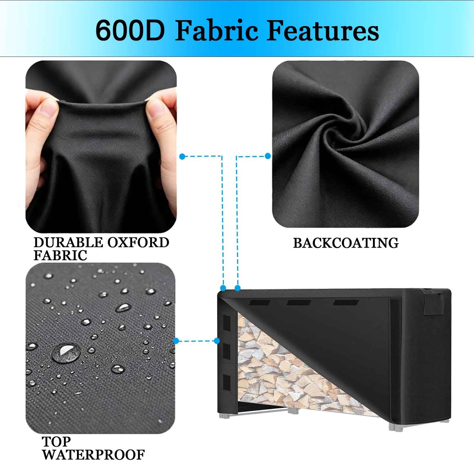 Copertura Resistente per Porta-Legna, Tessuto Oxford 600D, Copertura Impermeabile per Esterni con Fibbia e Nastro a Strappo (Porta-Legna Non Incluso),Nero,365x61x122cm