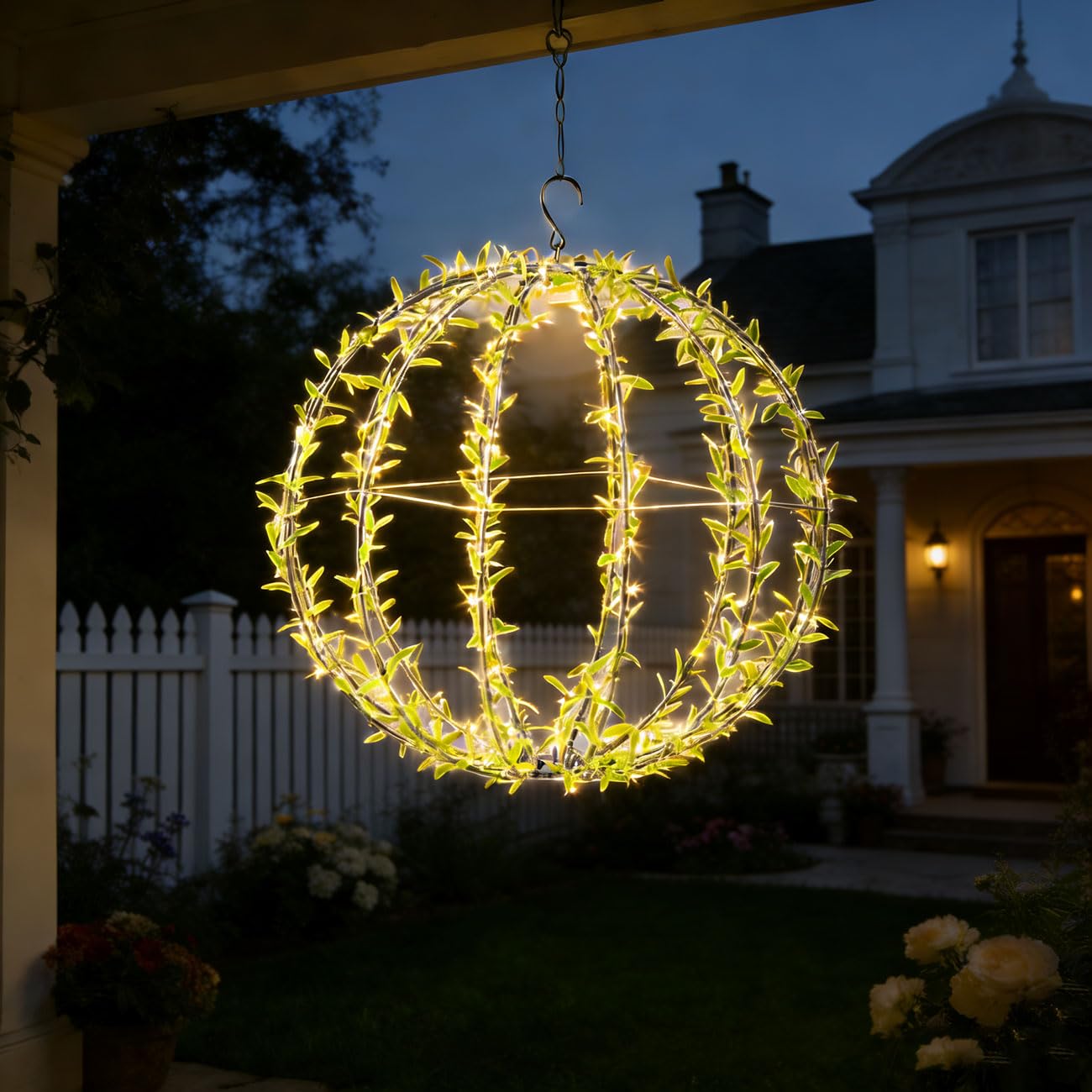 ideoon 4er-Set Solar Leuchtkugel im Blätterdesign - Ø40cm Gartenkugel mit 144 Warmweißen LEDs - IP44 Außenleuchte inkl. Erdspieß, S-Haken und Solarpanel