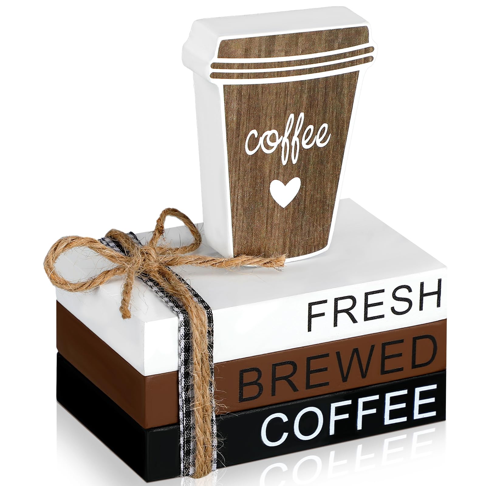 Chunful 4 Pieces Coffee Bar Decor Mini Wooden Book Stacks Coffee Bar Accessories Sign Tiered Tray Decor for Kitchen Table Shelf Rustic Farmhouse Home