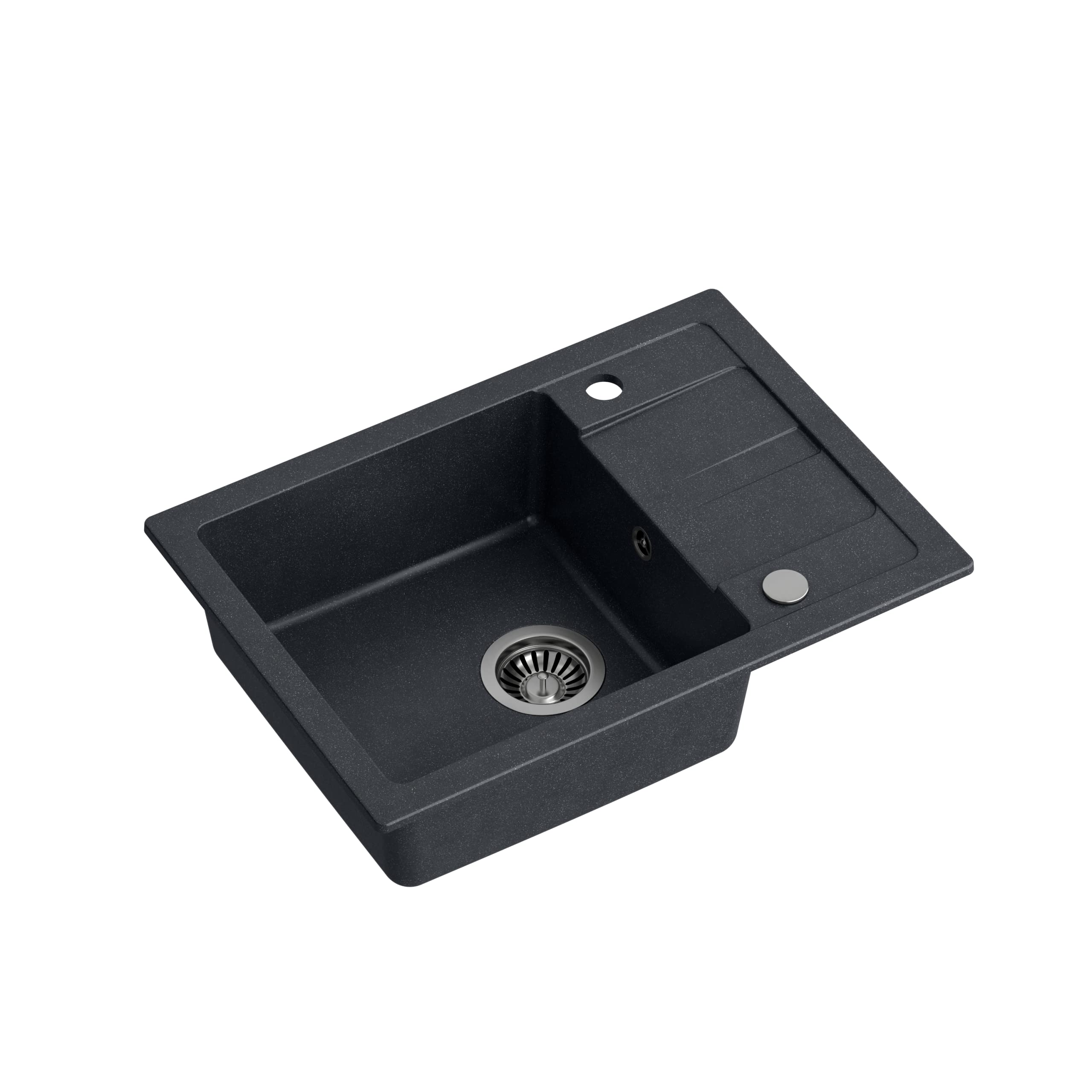 VBChome Spülbecken mit Armatur Schwarz 62 x 44 cm Granit Einzelbecken Einbauspüle Abtroffläche Gesprenkelt Reversibel Armatur Schwarz Verbundspüle + Siphon