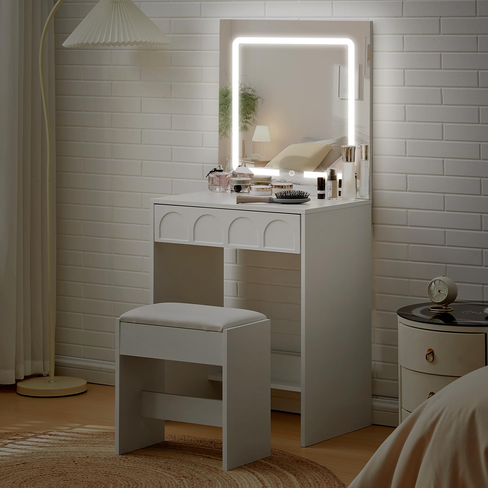 TUKAILAI Schminktisch mit Beleuchtung, Schminktisch Klein mit Spiegel, 60cm Breit Platzsparende Schminkkommode, Kosmetiktisch für Wohnung, kleines Zimmer, Weiß