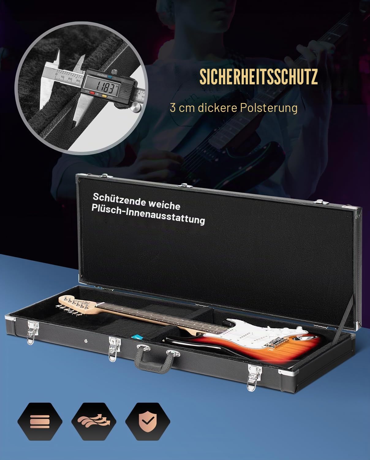 CAHAYA E-gitarrenkoffer Hartschalenkoffer für E-Gitarren Tragbarer Quadratischer Gitarrenkoffer Hardshell Schwarz CY0209
