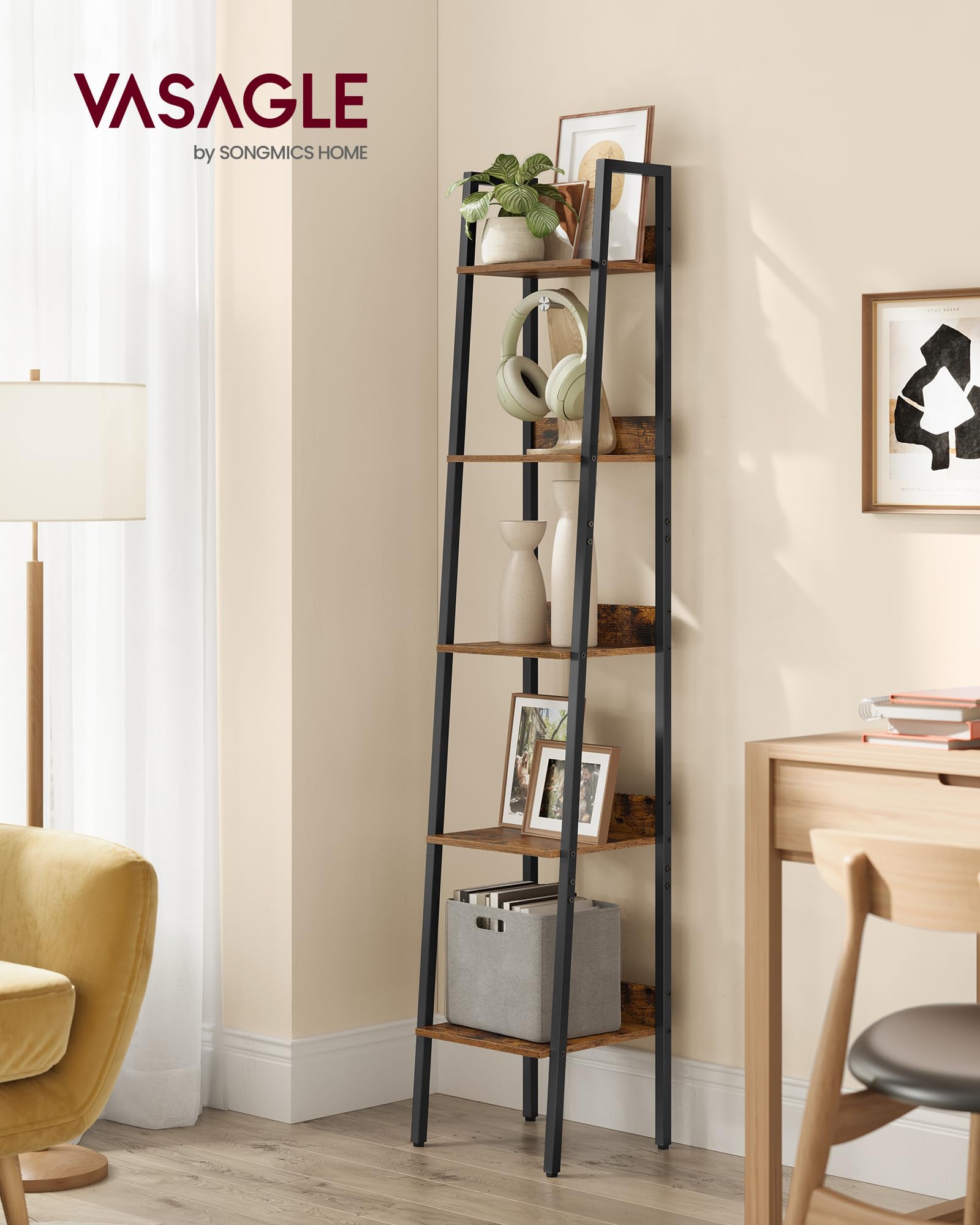 VASAGLE Estantería de Escalera, estantería de 5 Niveles, Mueble de Almacenamiento de pie, Oficina, Sala de Estar, Dormitorio, Cocina, Estilo Industrial, marrón rústico y Negro LLS109B01