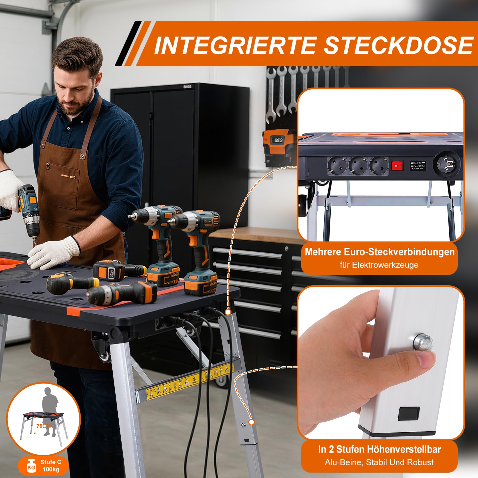 TLGREEN 7 in1 Klappbare Werkbank höhenverstellbar,Tragbare Werkbank Mobil,Arbeitstisch Klappbar,100-200kg Tragkraft,Multifunktionstisch mit 4 pcs Rollen,Werktisch Spanntisch für Werkstatt,Haus,Büro