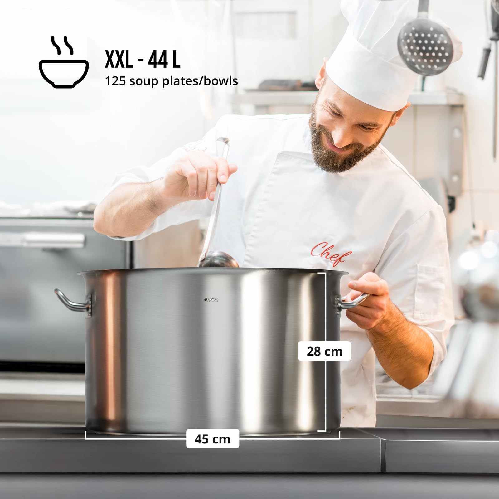 Royal Catering Olla De Inducción Cacerola Profesional RCST-44E3-S (Con Tapadera, Acero Inoxidable, Bordes Antigoteo, Fondo de 5.5 mm, 44 Litros)