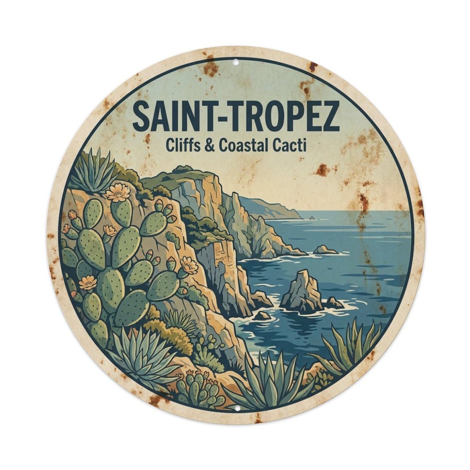 Cliffs Coastal Cacti Beach Travel Saint Tropez Riviera Metal Tin Sign