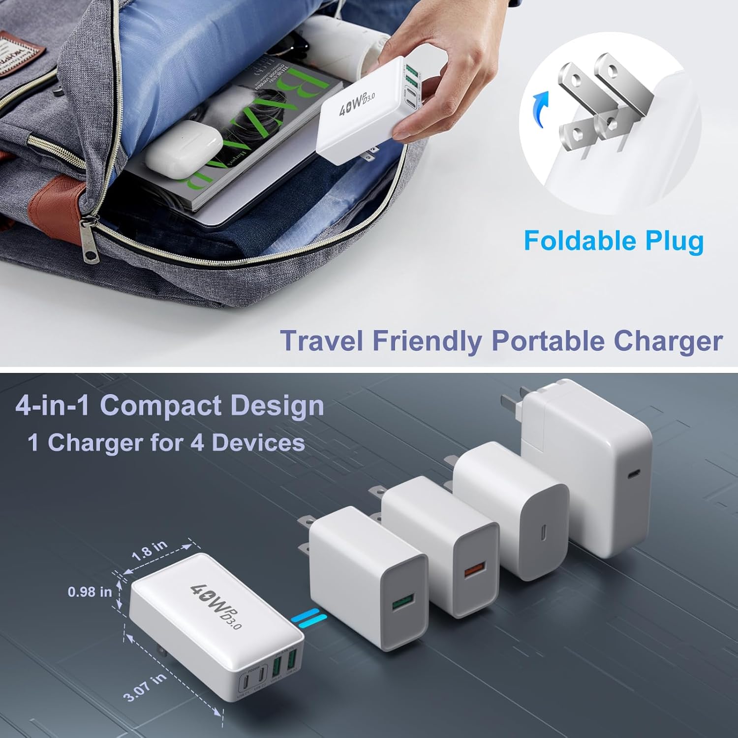 Flat USB C Wall Charger, OKRAY 3-Pack 40W 4-Port PD3.0&QC3.0 Fast Charging Blocks Slim USB A+USB C Charger Multiport Power Adapter Foldable Plug for iPhone 17 16 15 14 13 12 Pro, iPad, AirPods, iwatch - Image 5