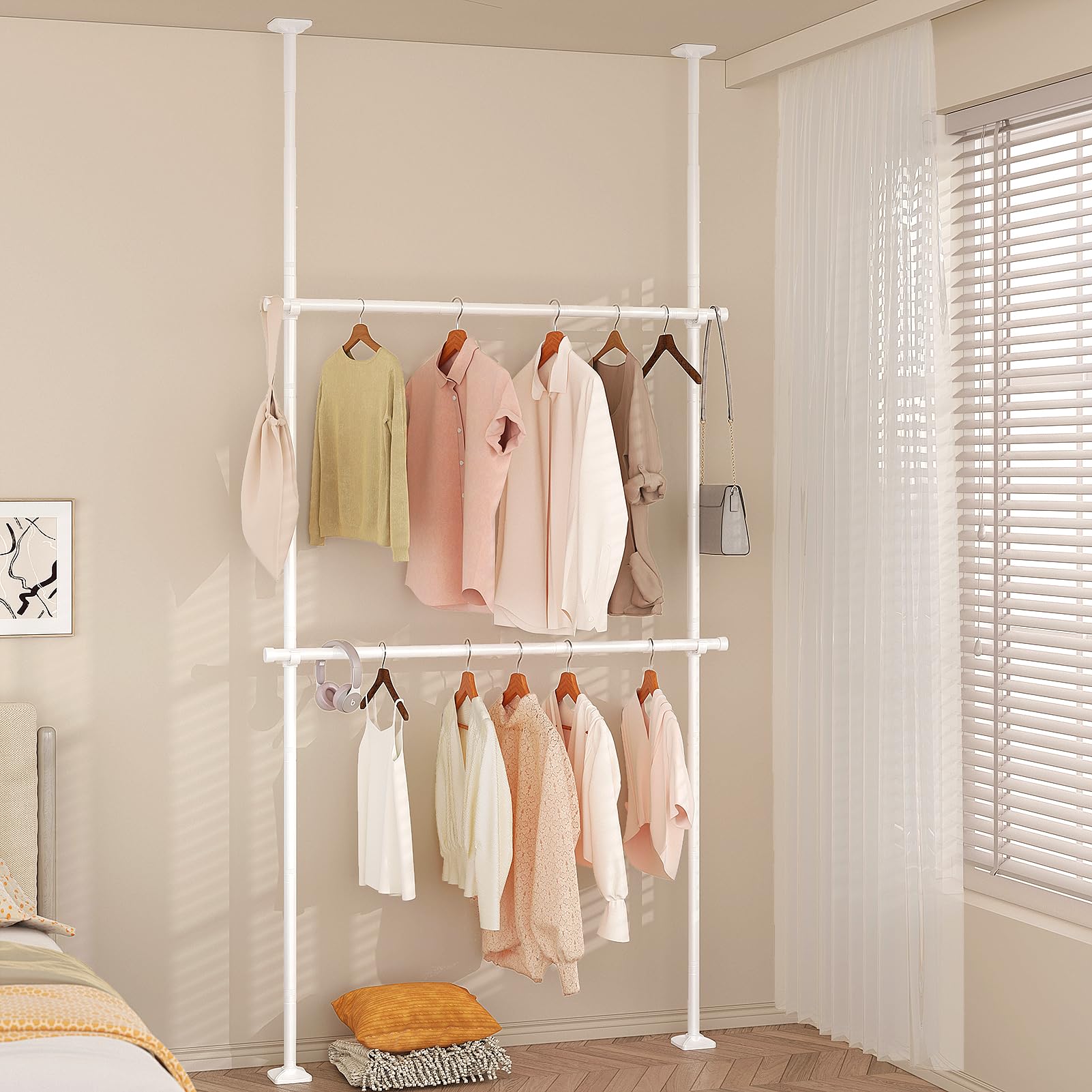 Yeabett Telescopic Clothes Rail & Room Divider Curtain Rod, Extendable Adjustable No Drill Freestanding Wardrobe Hanging Rail 227-312cm(H) 71-138cm(W) for Rentals, Apartments, White