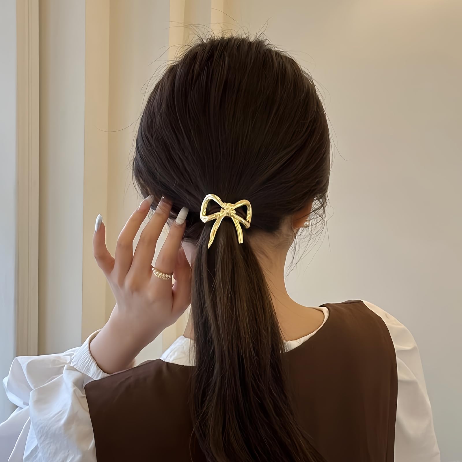 Gold Plated Crystal Bow Pony Tail Holder Women Elegant Hair Elastic Sparkly Crystal Rhinestone Silver Gold Bow Knot Black  main image 2