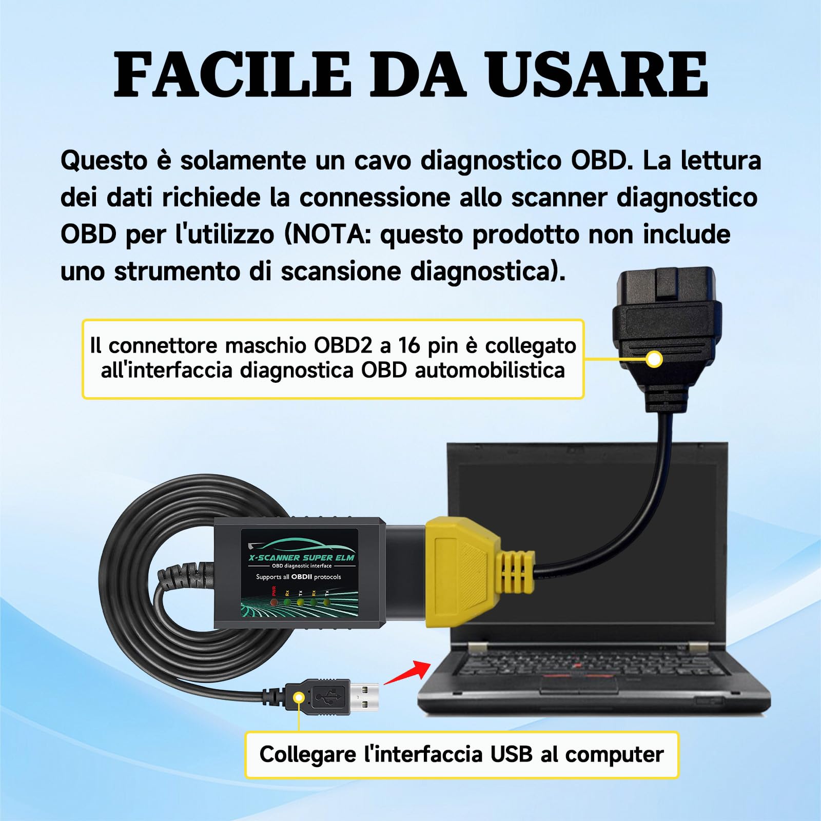 Cavo adattatore multiecuscan OBD2 A3 Giallo,per veicoli di serie di auto in Italia 'Can Service Reset Radio Seat Diagnostic,Fit for fiatecuscan obd,Scanner Cable Diagnostico Auto per Fiat
