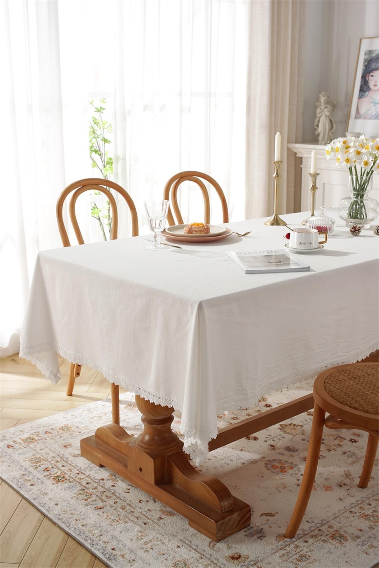 Tischtuch Weiß, Baumwolle Tischtuch Volltonfarbe Tischdecke Abwaschbar Rechteck 100x160CM für Wohnzimmer, Esszimmer, Balkon, Garten