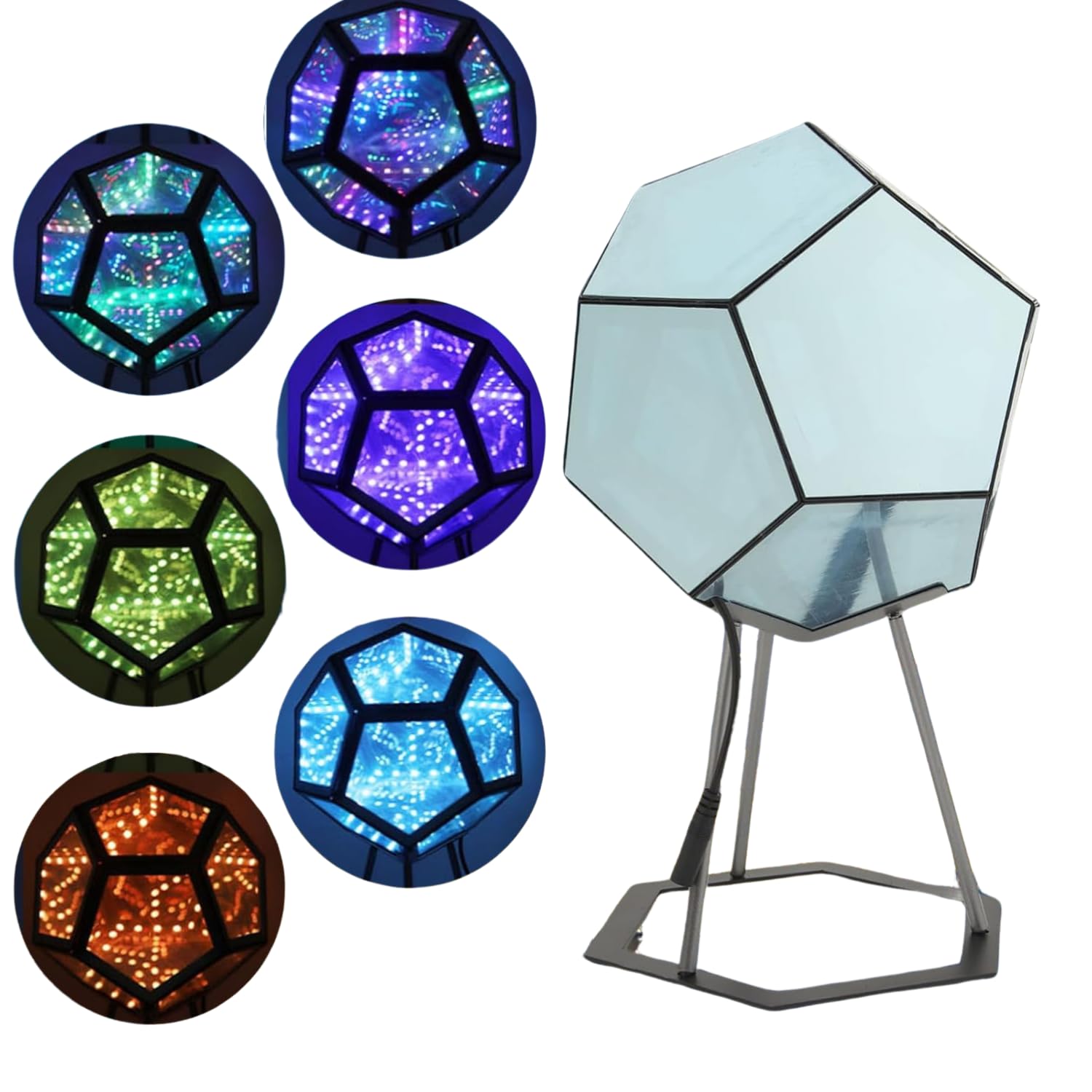Infinity Mirror LED Dodecahedron Gaming Lights, 5.8 x 5.8 inches, 7 Colours, USB Charging, Geometric Design, RGB LED Lights for Gaming Setup, Smart Color Changing Desk Lights, Gaming Accessories