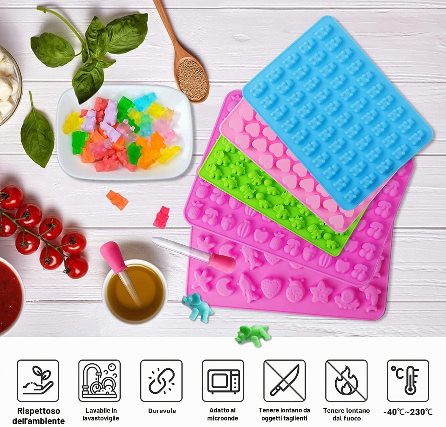 Stampi In Silicone Per Caramelle, 5 Pcs Mini Stampi Cioccolatini, Stampini Per Caramelle Gommose, Contiene Cuori, Frutta, Animale, Botanica, Per Fare Gommose, Cioccolato E Piccoli Cubetti Di Ghiaccio