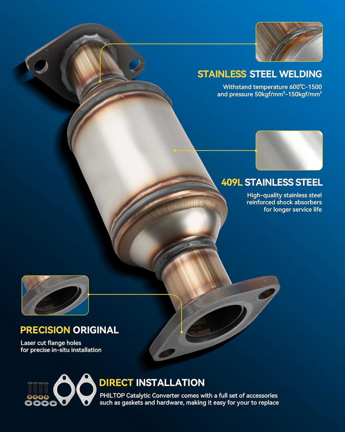 PHILTOP Rear Catalytic Converter Kit Direct-Fit Replacement for 2011-2016 Elantra 1.8L, 2011-2013 Sorento 2.4L, 2014-2016 forte 1.8L, 2010-2012 Santa Fe 2.4L OE Replace 16707 (EPA Compliant)