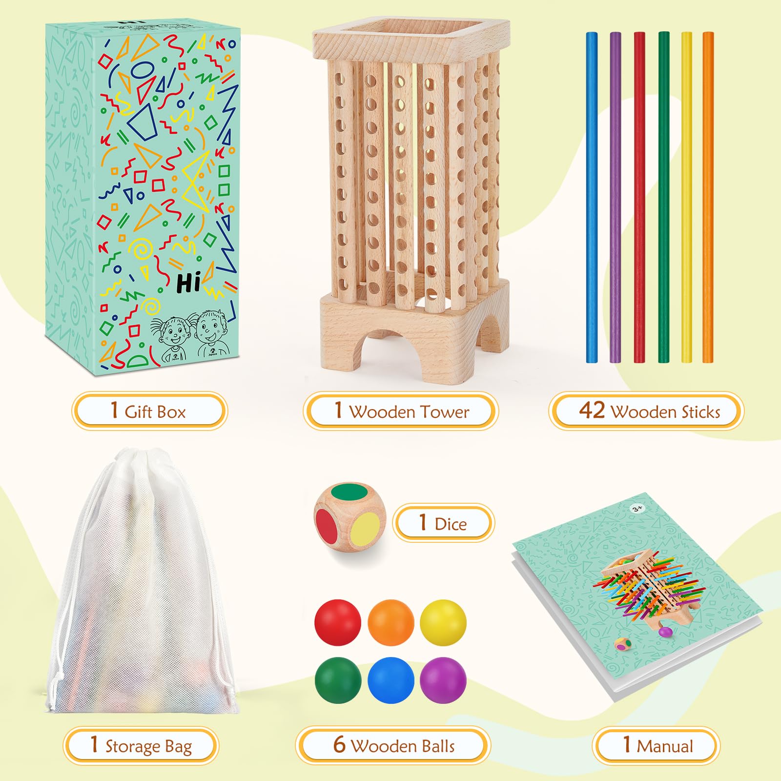 Montessori Game Wooden Board Games, 42 Colorful Wooden Sticks Dice Games Math Educational Toys for 3 4 5 6 Years Old, Fine Motor Skills & Counting Toy, Family Travel Game for Kids Gifts — view 7