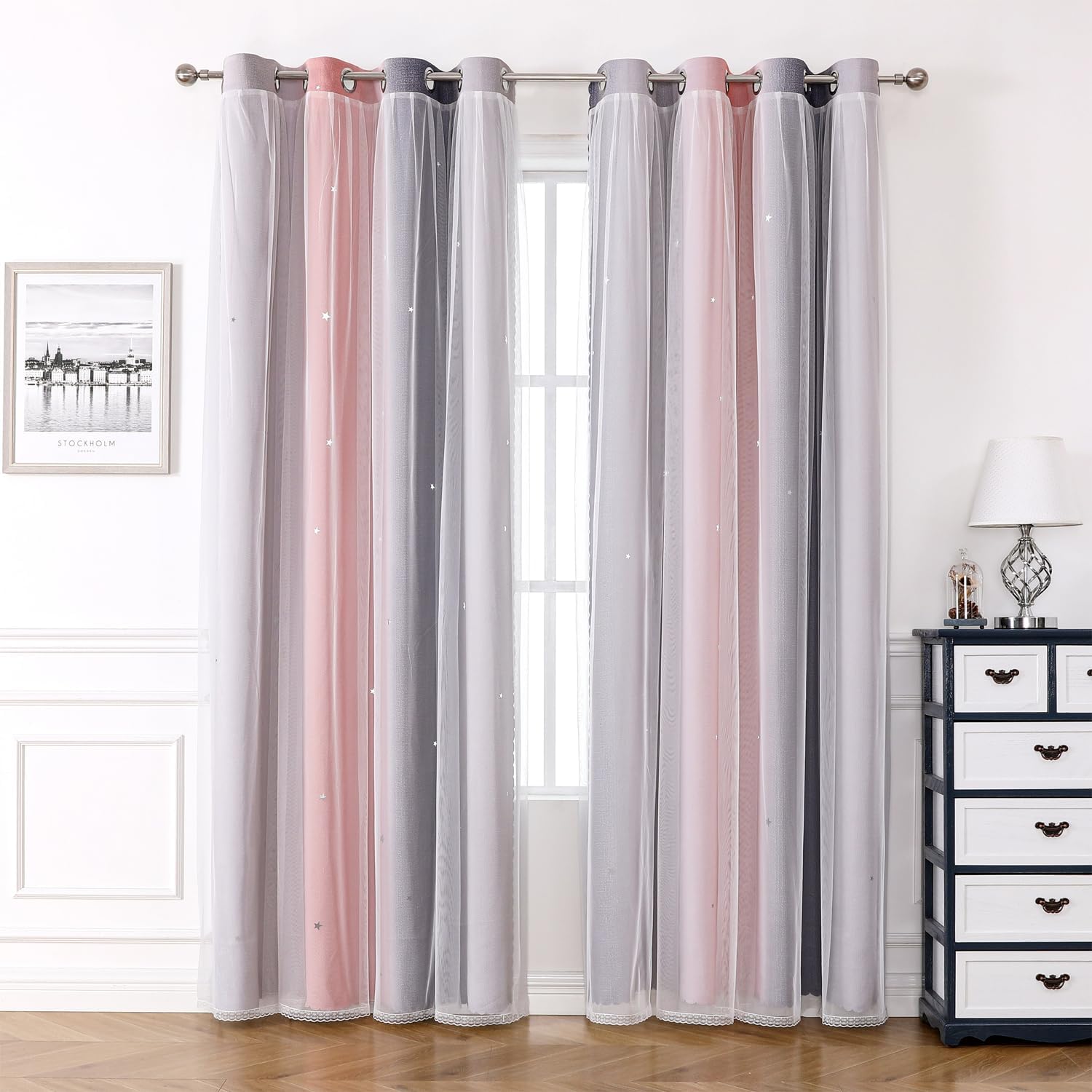 Pink Ombre Curtains for Bedroom Rainbow Blackout Curtains Double Layer Star Curtains for Kids and Nursery Girls Room Decorations