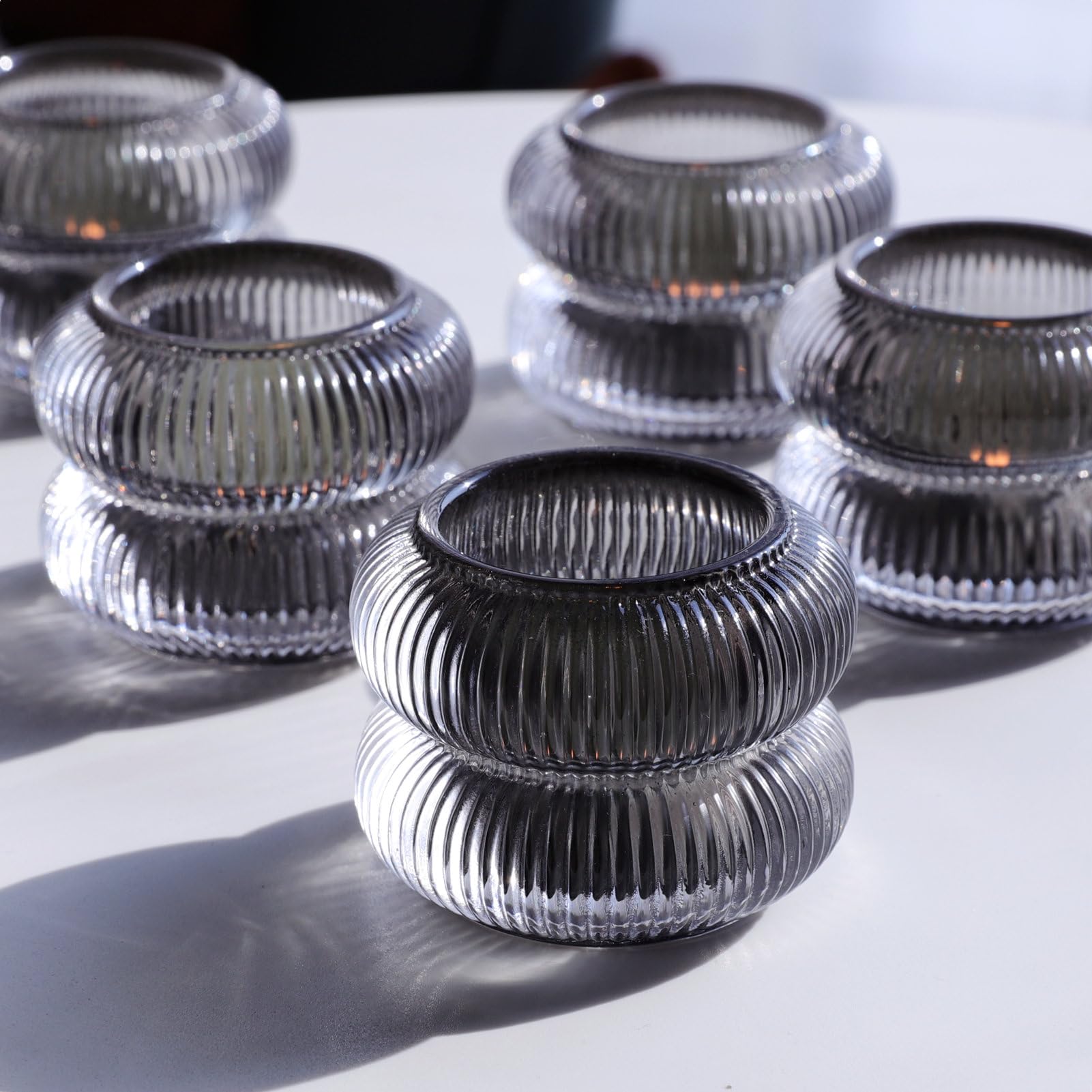 Vohocandle Smoke Grey Tealight Holders Set of 6, Vintage Ribbed Tea Light Candle Holders Glass for Daily Room Decor, Black Tea Light Holders Class for Birthday Table Decorations(Grey, 5.5cm H X 7cm W) โ image 1