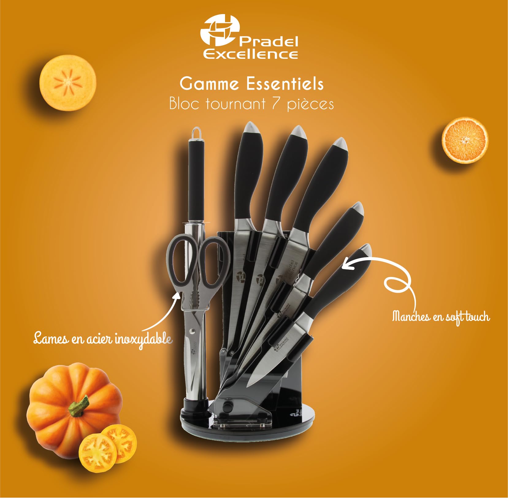 Pradel Excellence - PCOT001015 - Bloc Couteaux Inox Tournant Essentiels 7 Pièces - 5 Couteaux de Cuisine + 1 Paire de Ciseaux + 1 Fusil d'Affûtage - Lames Acier Inoxydable - Manches Soft-Touch