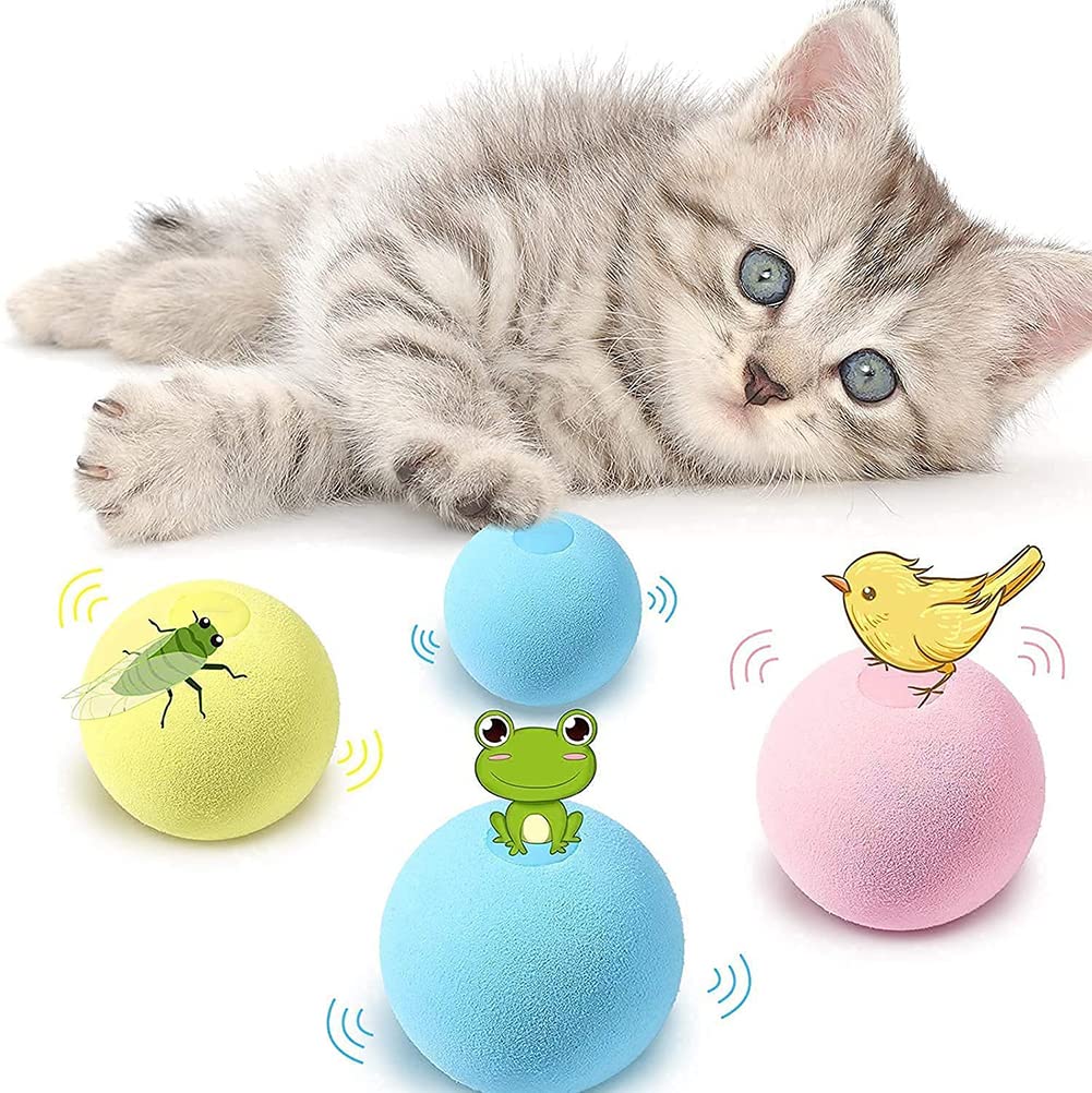 KASTWAVE Cat Toy Balls, Sing Ball, 3 Pcs, Upgrade Kitten Plush Ball, Newest Lifelike Animal Chirping Sounds-Bird Frog and Cricket, Built-in Catnip, Interactive Cat Kicker Toys for Indoor.