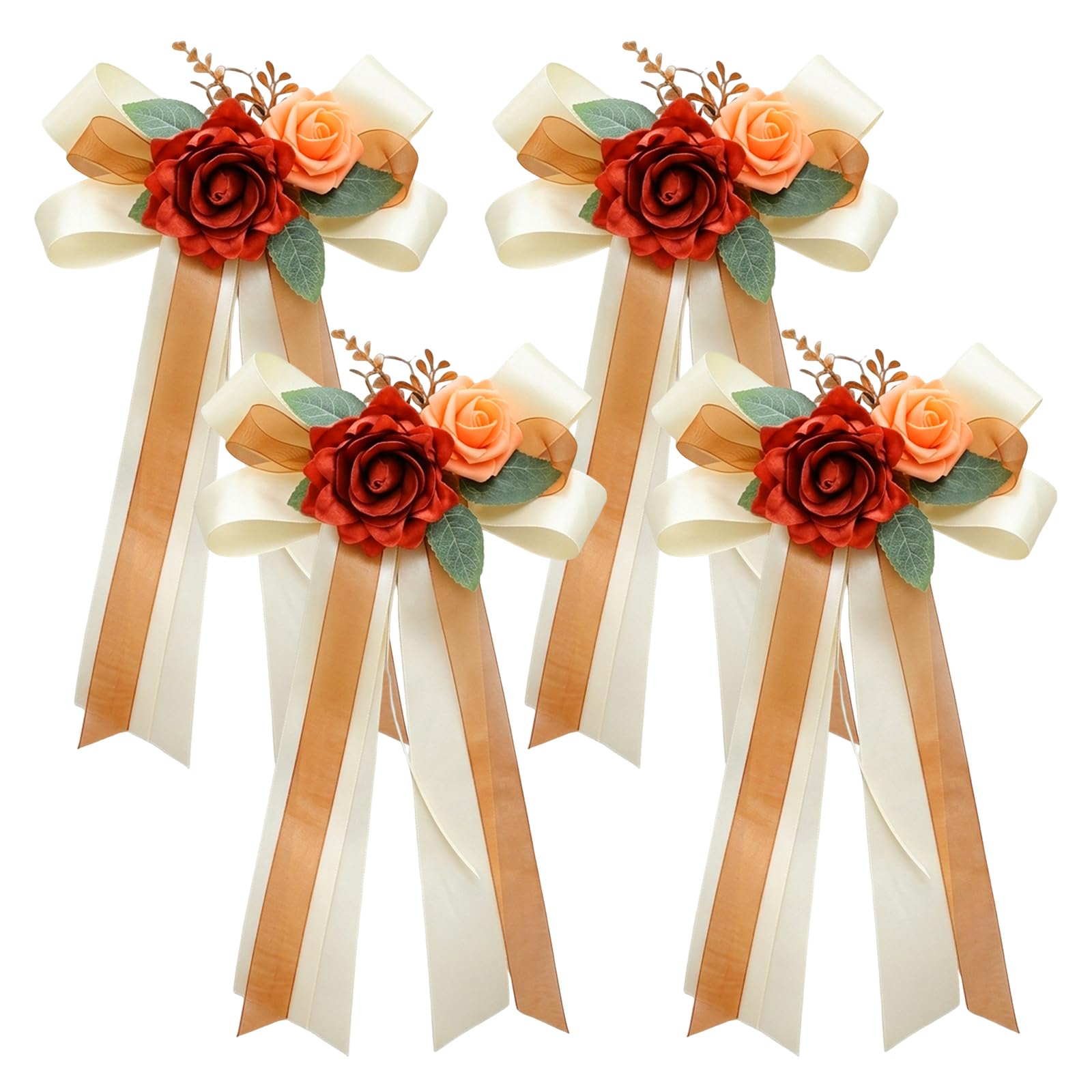 MospdyGear 4 PCS Wedding Car Handle Adornments, Charming Champagne Faux Flowers with Decorative Ribbons, Ideal for Newlywed Vehicle Accents