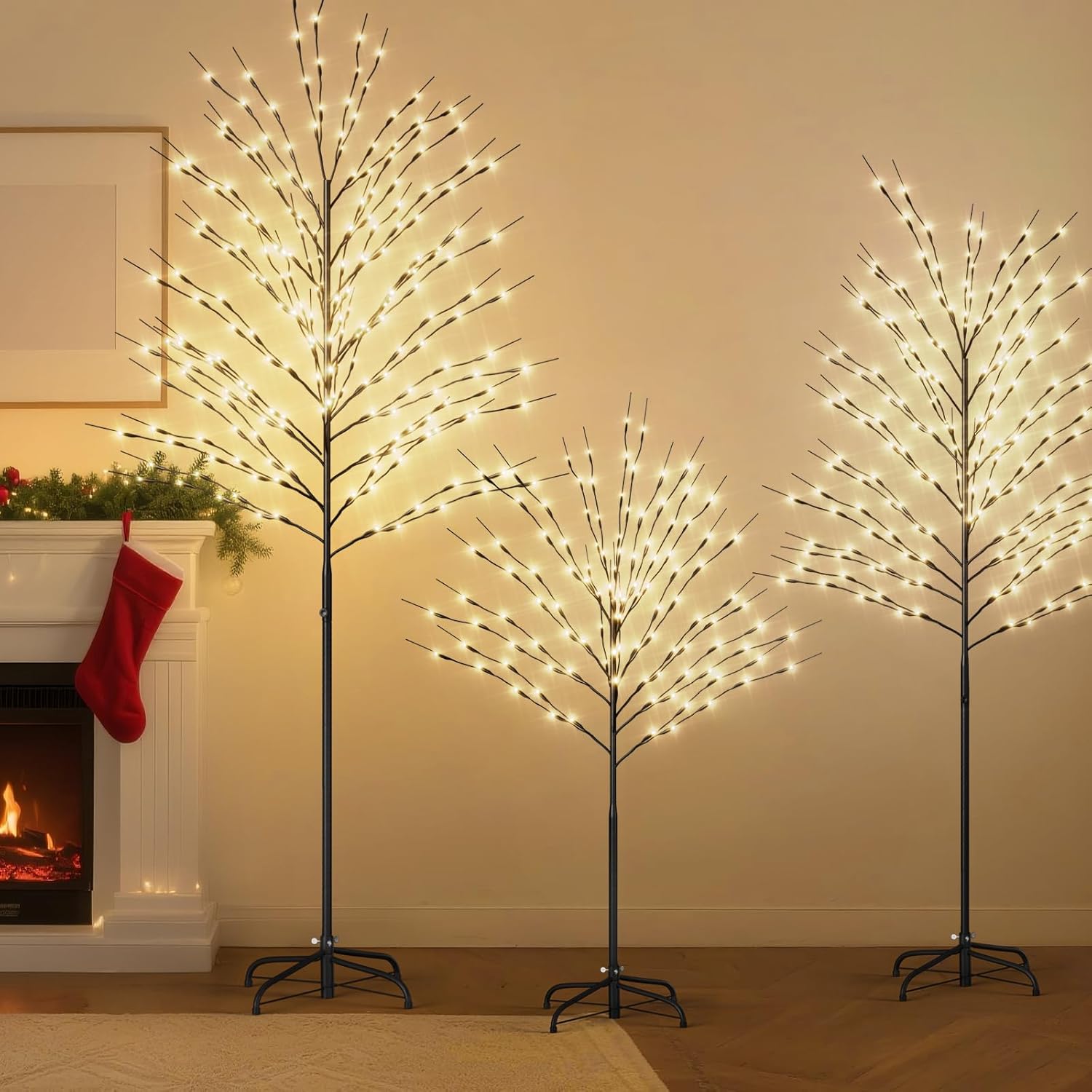 Set of 3 LED Lighted Trees for Holiday Indoor and Outdoor Decor, 4ft 6ft and 7ft Lighted Artificial Tree Warm White Light Twinkling Tree for Home Patio Wedding Festival Christmas Decoration