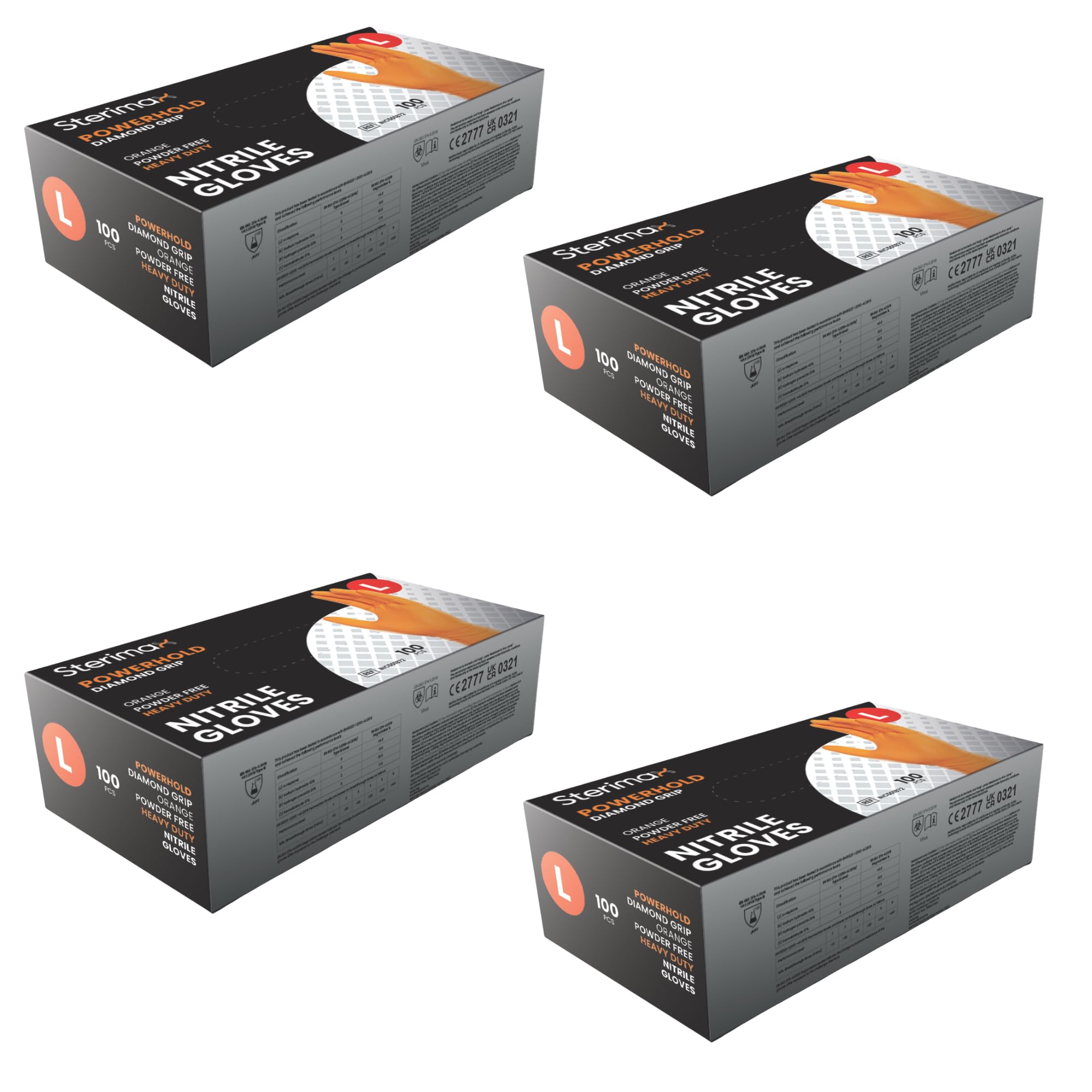 IDEAL 365 PowerHold Nitrile Diamond Grip Gloves – Tough Heavy Duty 0.22mm Thick Disposable Gloves, Chemical Splash Resistant, Food Safe, Latex Free, Industrial Grade (100 Pack) (4, Orange, Large)