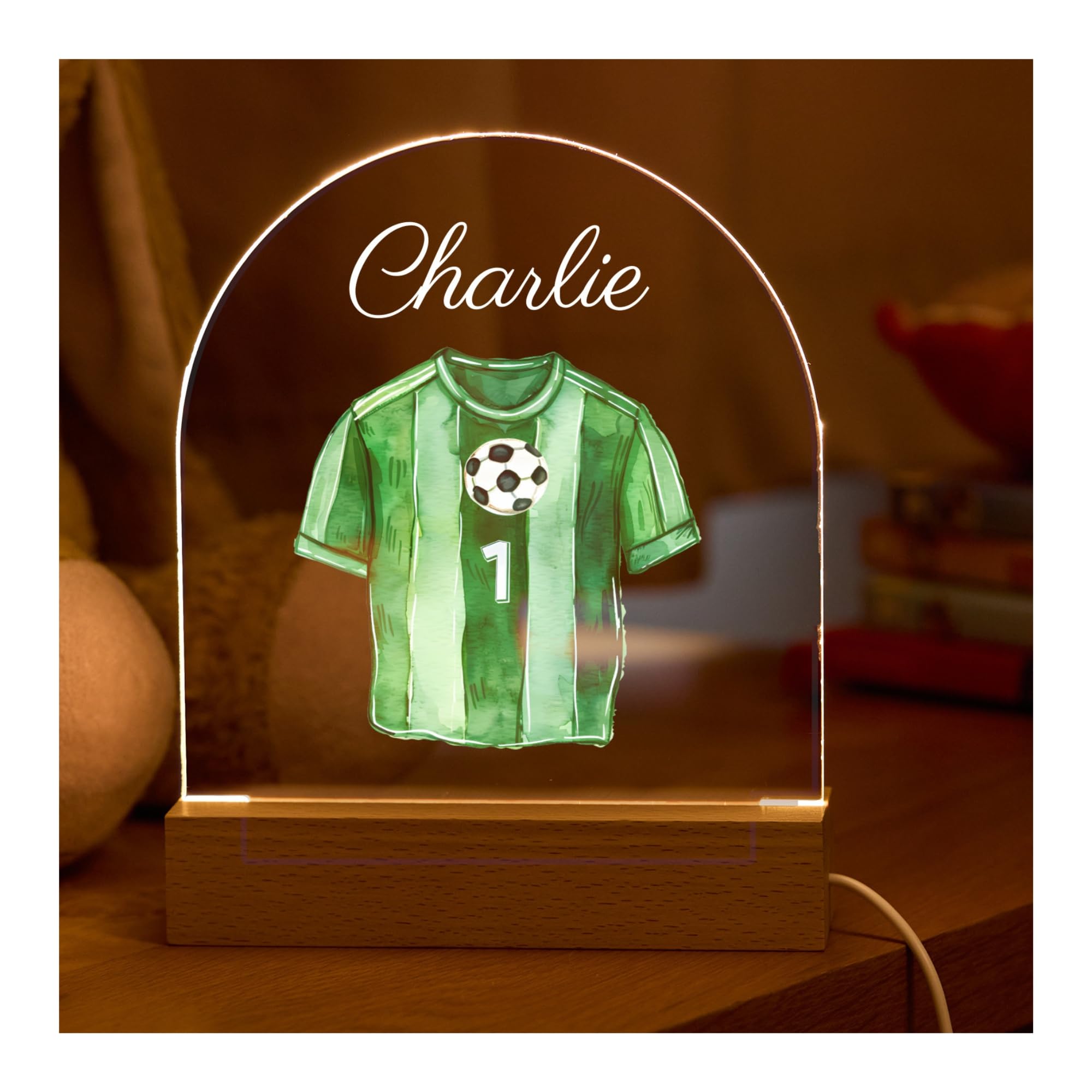 Pomchick Personalised Football Night Light Name LED Lamp Soccer Shirt Theme Kids Room Decor Gift for Boys Birthday with Wooden Base First Birthday 1