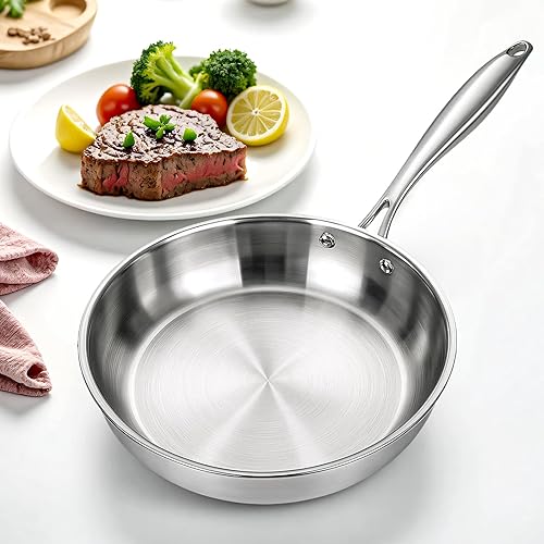 Miniatura 3 de Juego de sartenes de acero inoxidable de tres capas, 2 sartenes de 10 pulgadas sin revestimiento con mango que se mantiene fresco, juego de sartén,