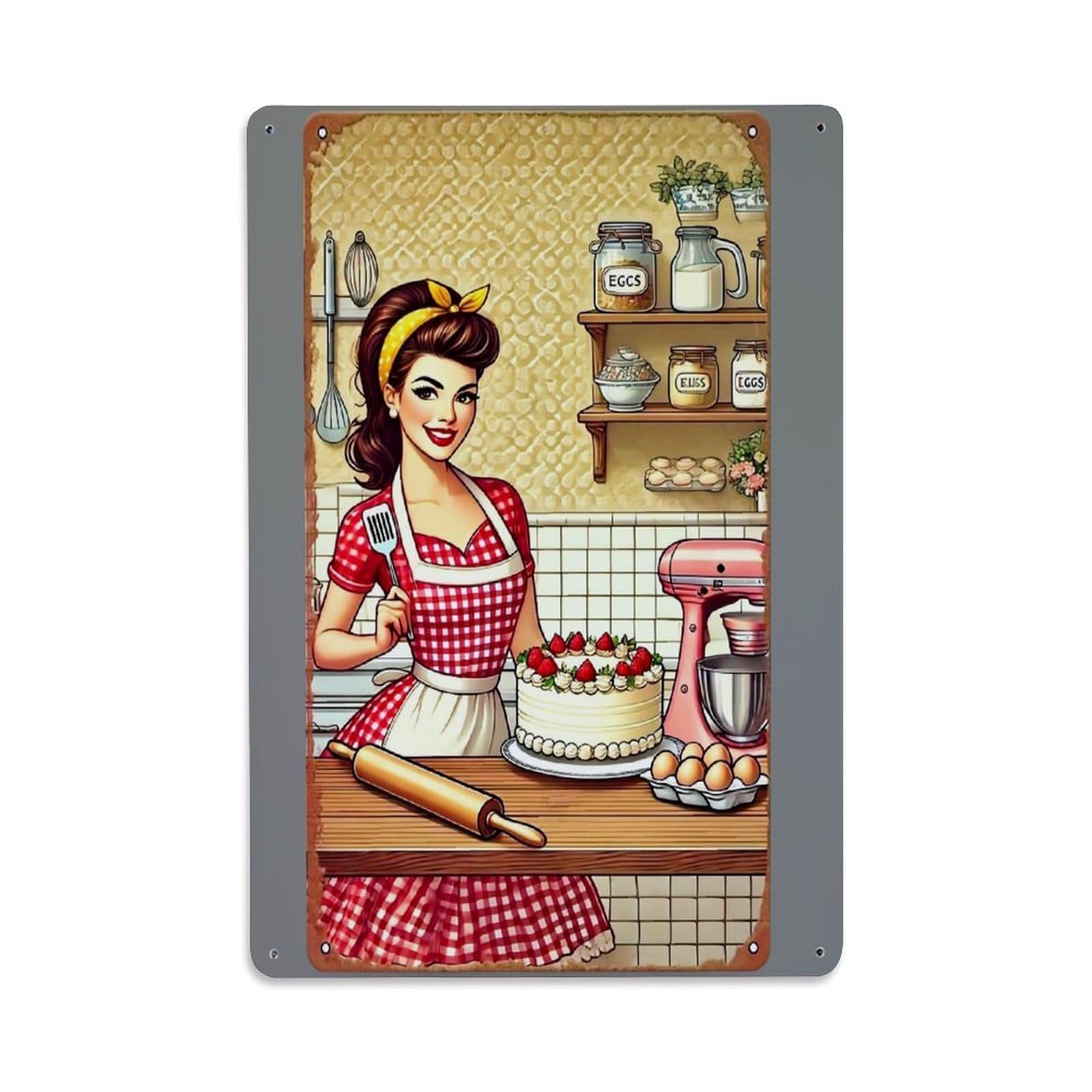 Retro Kitchen Woman Cake Retro Metal Tin Sign, Vintage Decor Art Poster for Bar, Home, Man Cave, Kitchen, Laundry Room Gift 8x12Inch