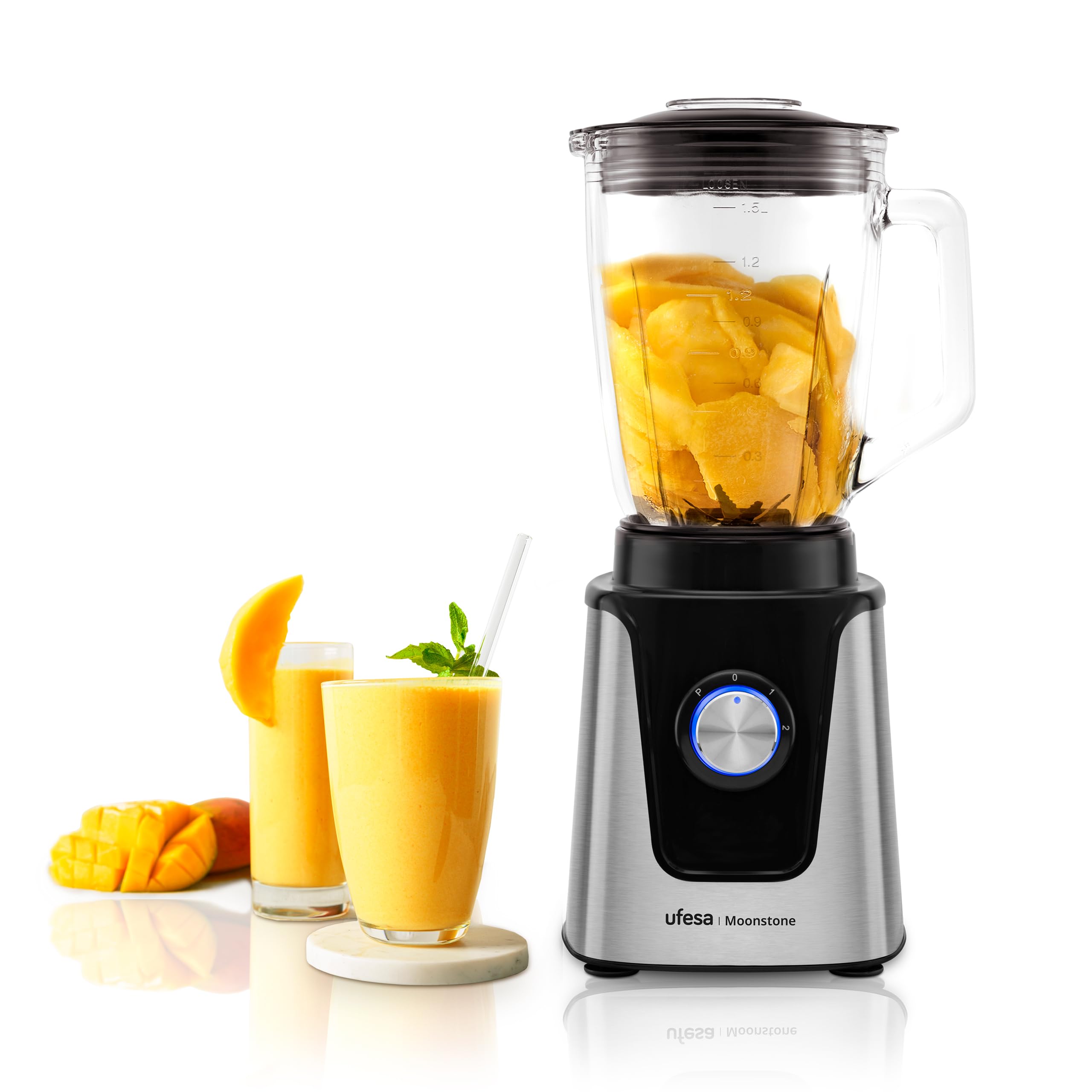 Ufesa Moonstone Blender 1500 W, szklany dzbanek 1,5 l, regulator prędkości z oświetleniem LED, kruszarka do kostek lodu, 6 wyjmowanych noży tytanowych, 2 stopnie prędkości + Turbo