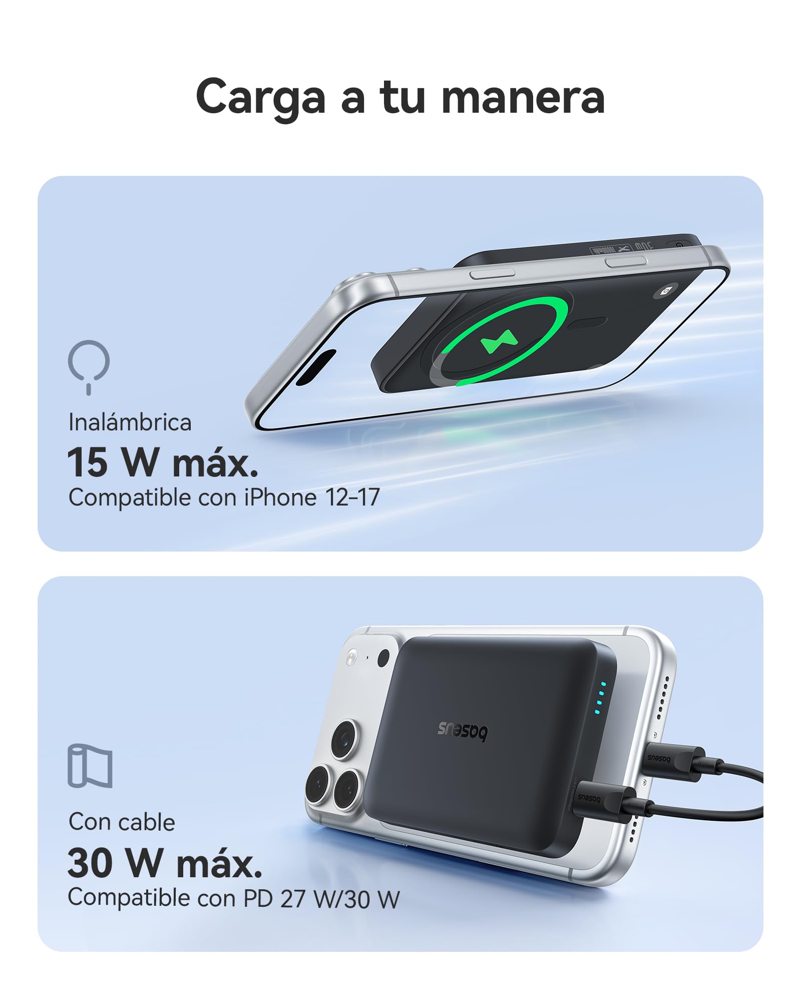 Baseus Enerfill MagSafe Power Bank 10000mAh 30W Magnetic Wireless Externo Baterías Móviles Wireless Mini Powerbank Compatible con iPhone 17/16/15/14/13/12/Pro/Pro MAX Series, Negro (FM11)
