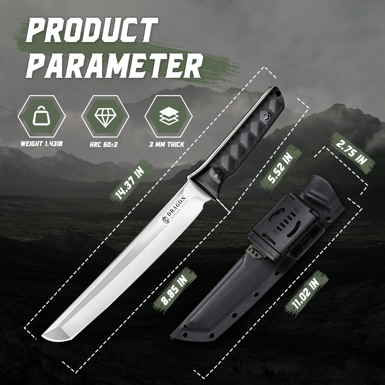 Dragon Creek Outdoor Knife - Silver Fixed Blade Tanto Knife with Green Outdoor Survival Knife with Sheath for Camping Hiking Gift Men