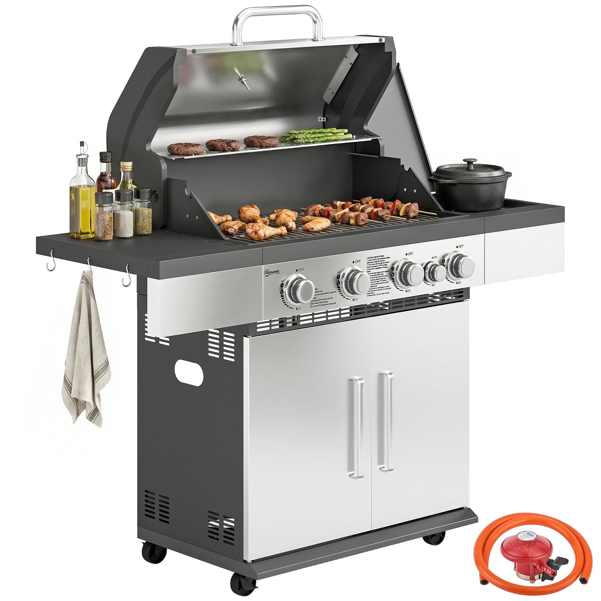 Outsunny 4+1 Burner Portable Gas BBQ Grill - Silver - Side Table - 110 x 130 x 55cm